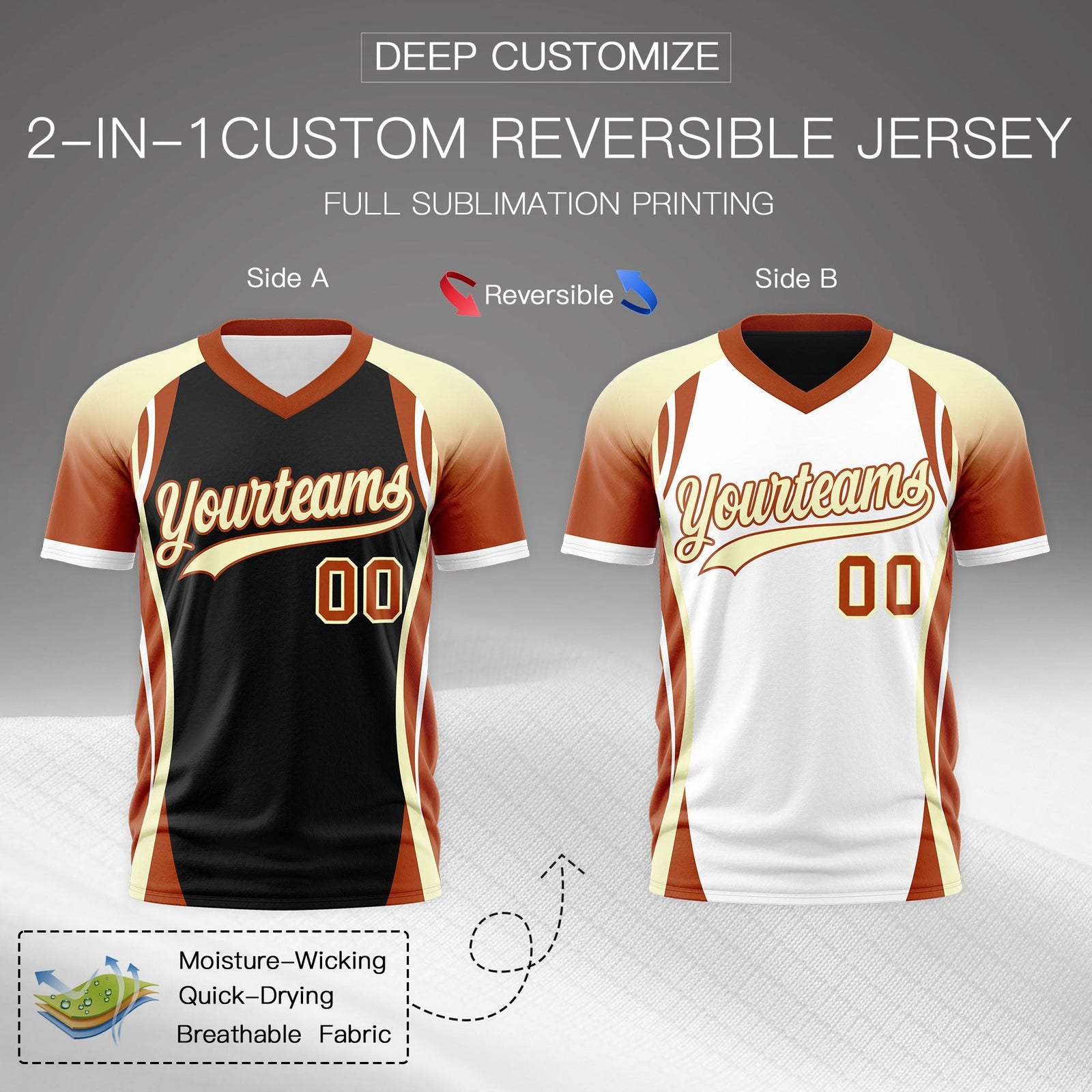 Custom Black Cream Dark Orange Reversible Breathable T-shirt| KXKSHOP