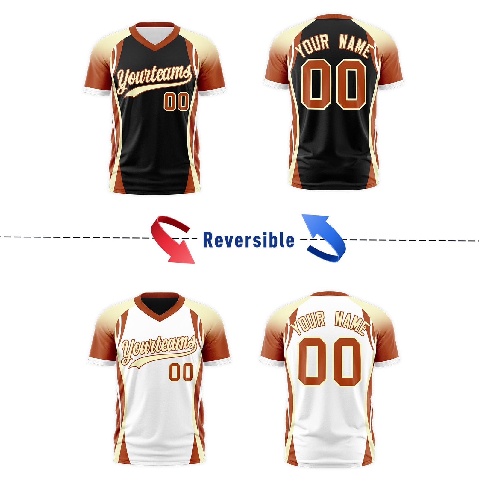 Custom Black Cream Dark Orange Reversible Breathable T-shirt| KXKSHOP