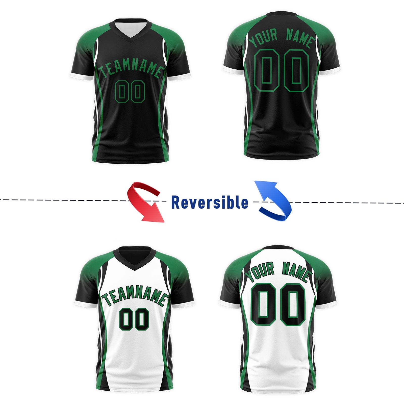 Custom Black Kelly Green White Reversible Breathable T-shirt| KXKSHOP