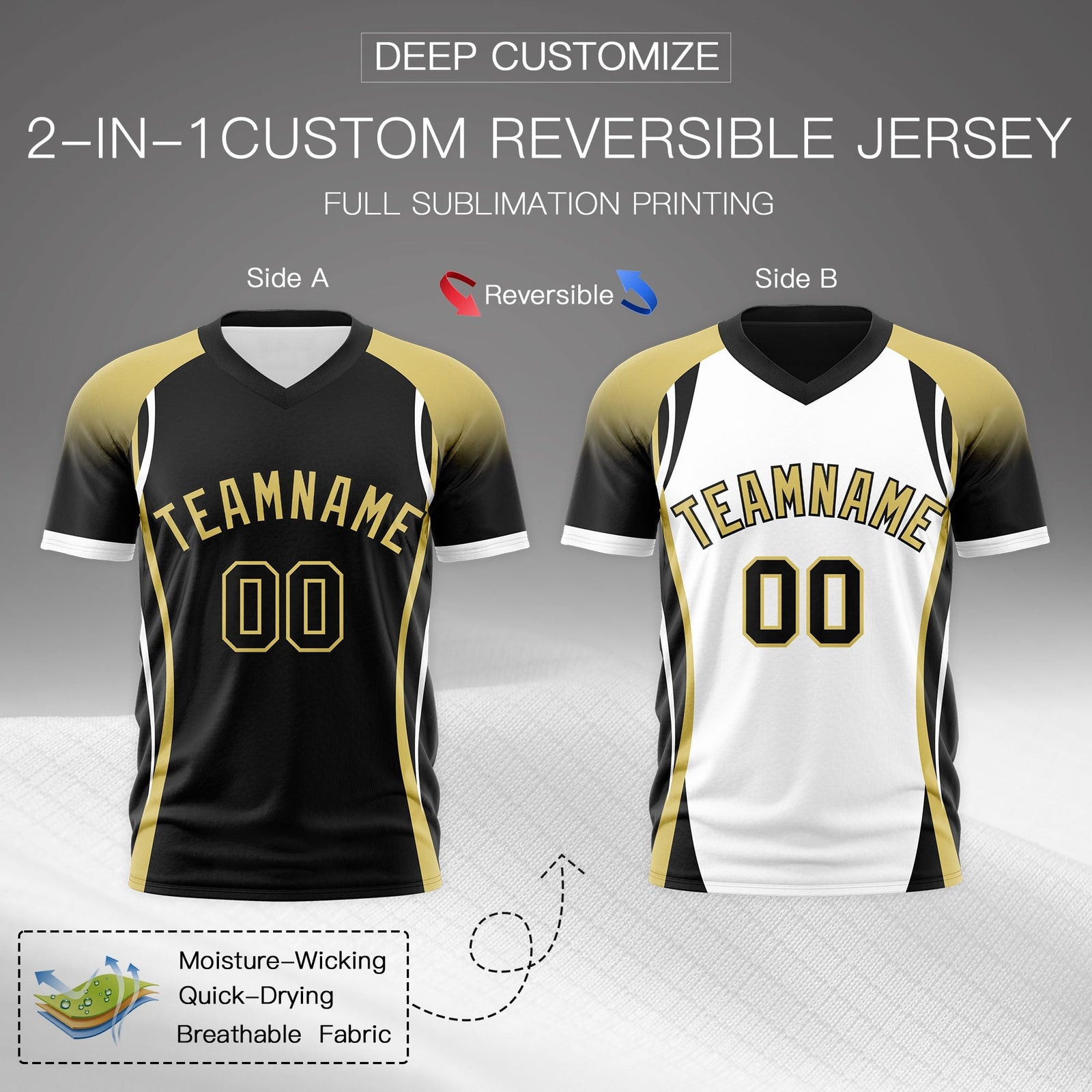 Custom Black Old Gold White Reversible Wrinkle-Resistant T-shirt| KXKSHOP