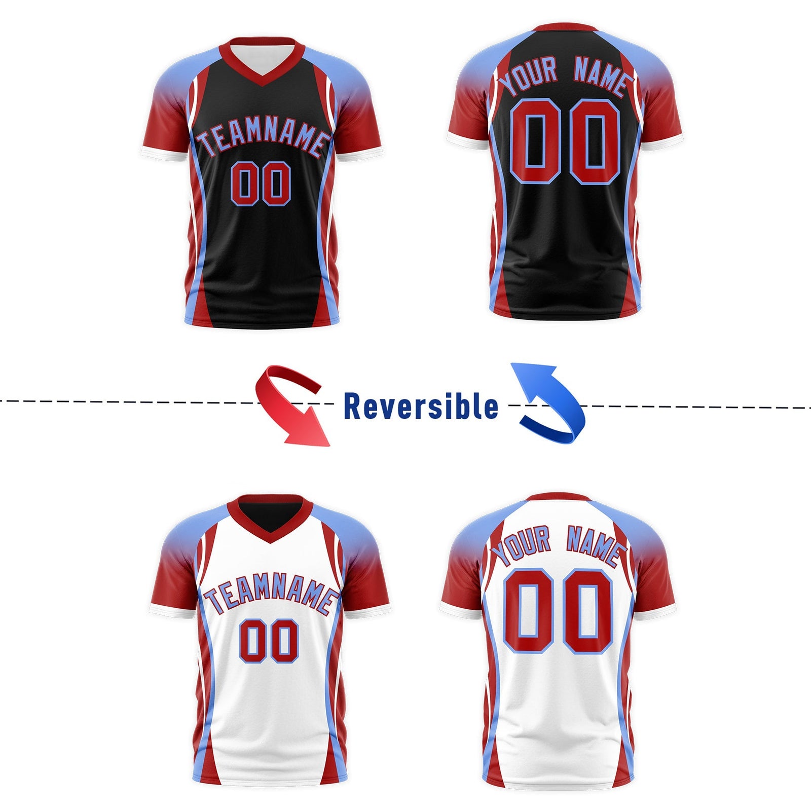 Custom Black Light Blue Red Reversible Breathable T-shirt| KXKSHOP
