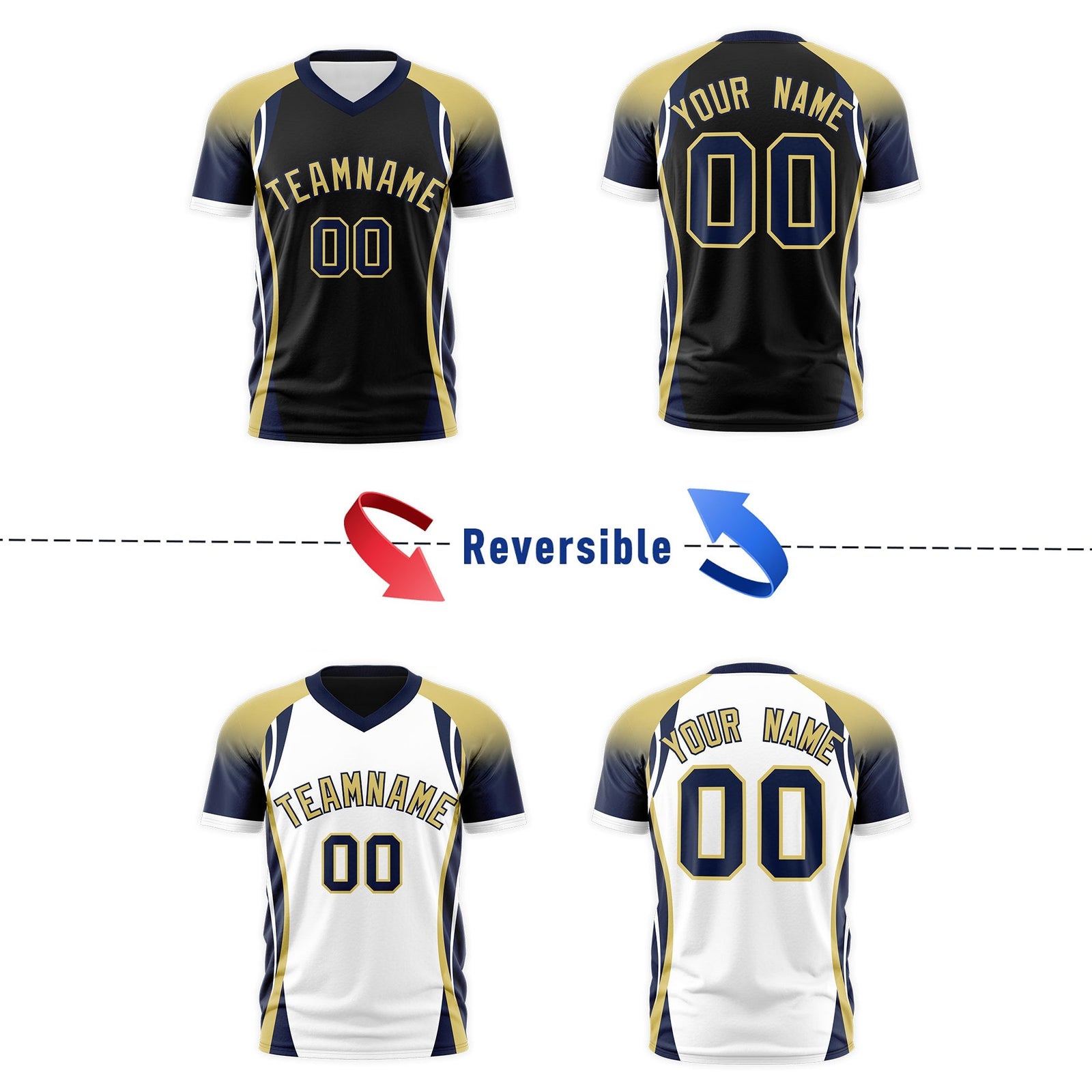 Custom Black Old Gold Navy Reversible Wrinkle-Resistant T-shirt| KXKSHOP