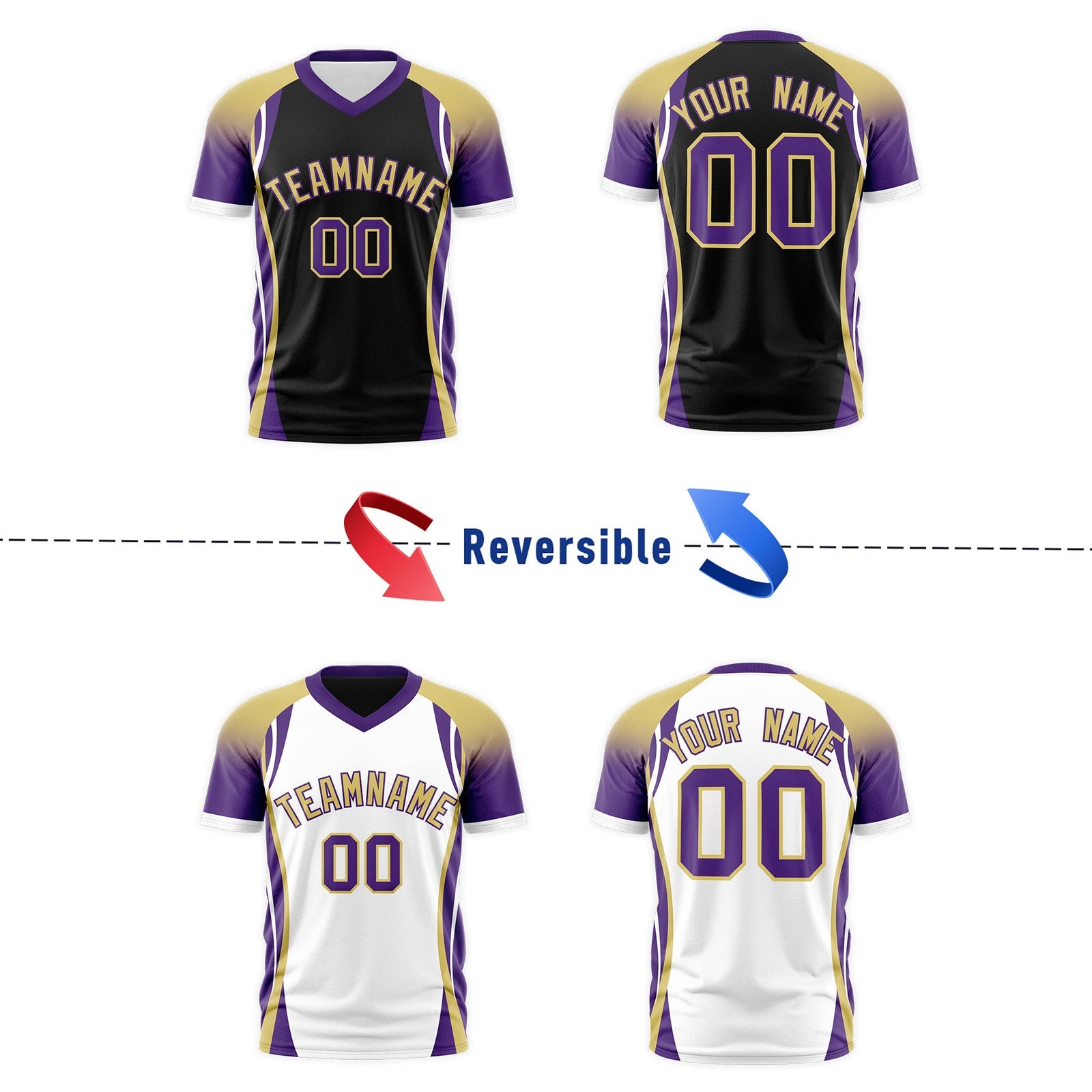 Custom Black Old Gold Purple Reversible Breathable T-shirt| KXKSHOP