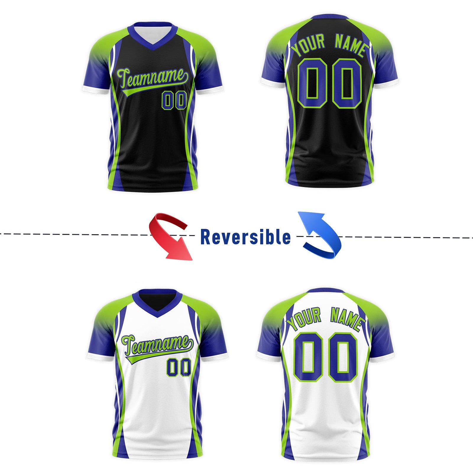 Custom Black Neon Green Royal Blue Reversible Breathable T-shirt| KXKSHOP