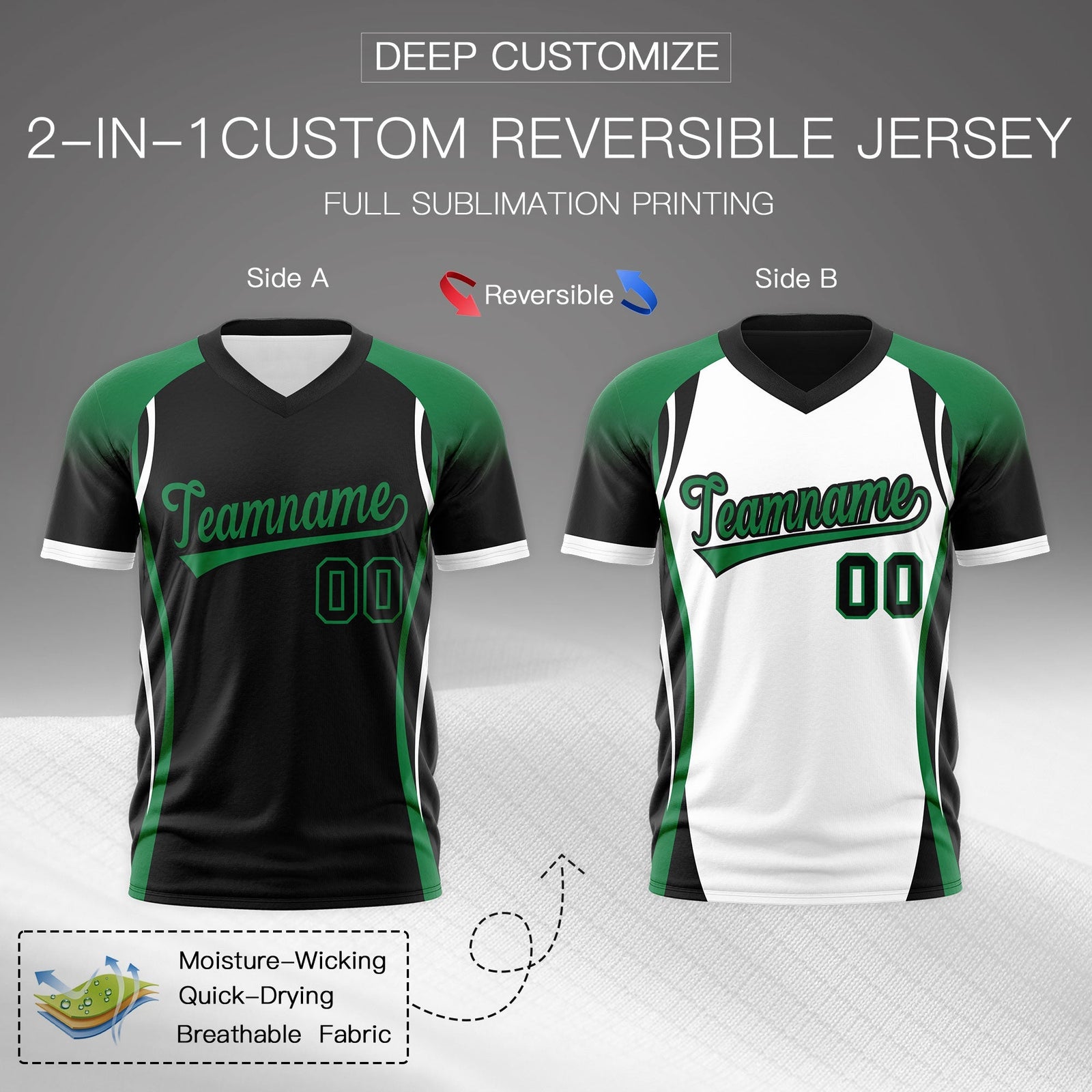 Custom Black Kelly Green White Reversible Breathable T-shirt| KXKSHOP