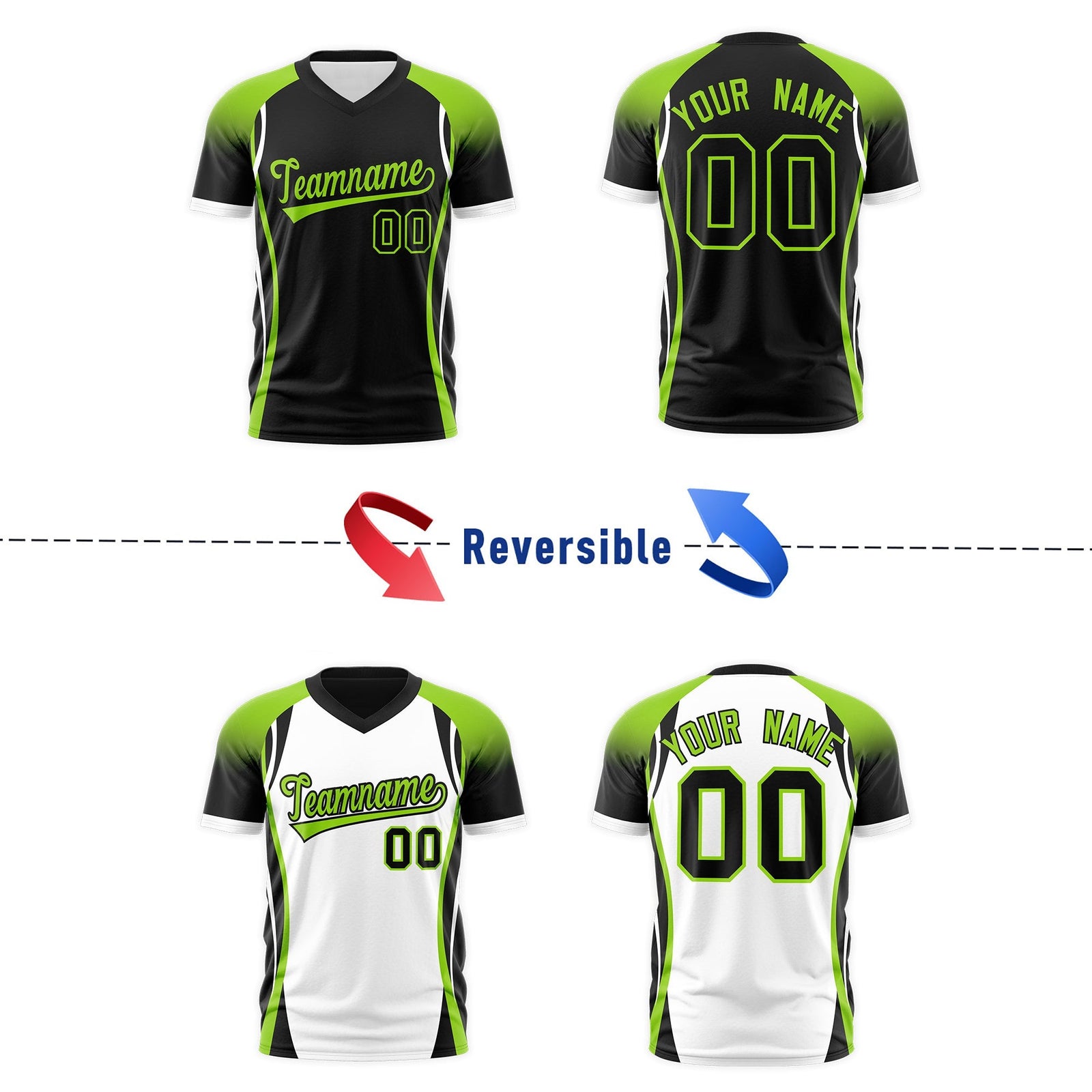 Custom Black Neon Green White Reversible Wrinkle-Resistant T-shirt| KXKSHOP