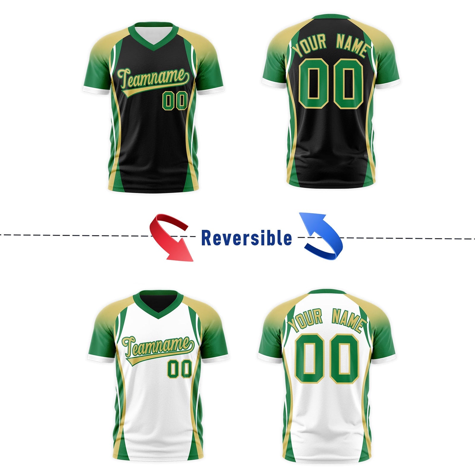 Custom Black Old Gold Kelly Green Reversible Breathable T-shirt| KXKSHOP