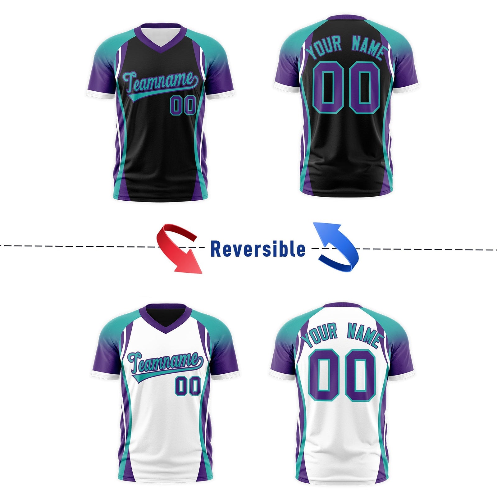 Custom Black Aqua Purple Reversible Wrinkle-Resistant T-shirt| KXKSHOP