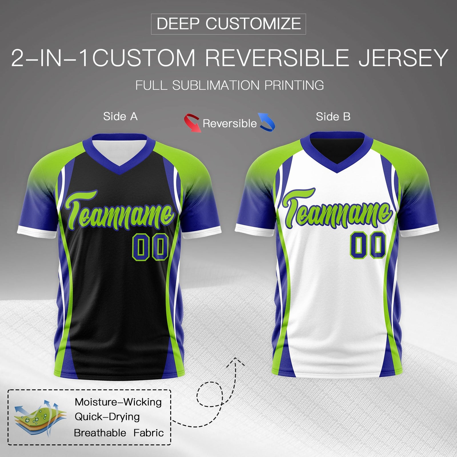 Custom Black Neon Green Royal Blue Reversible Breathable T-shirt| KXKSHOP
