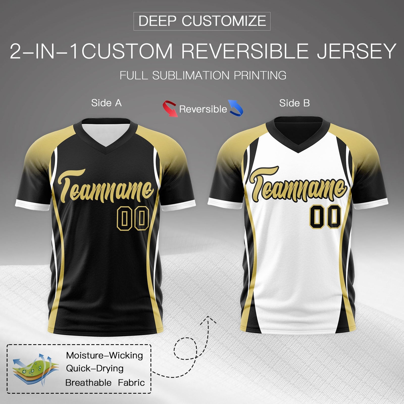Custom Black Old Gold White Reversible Wrinkle-Resistant T-shirt| KXKSHOP