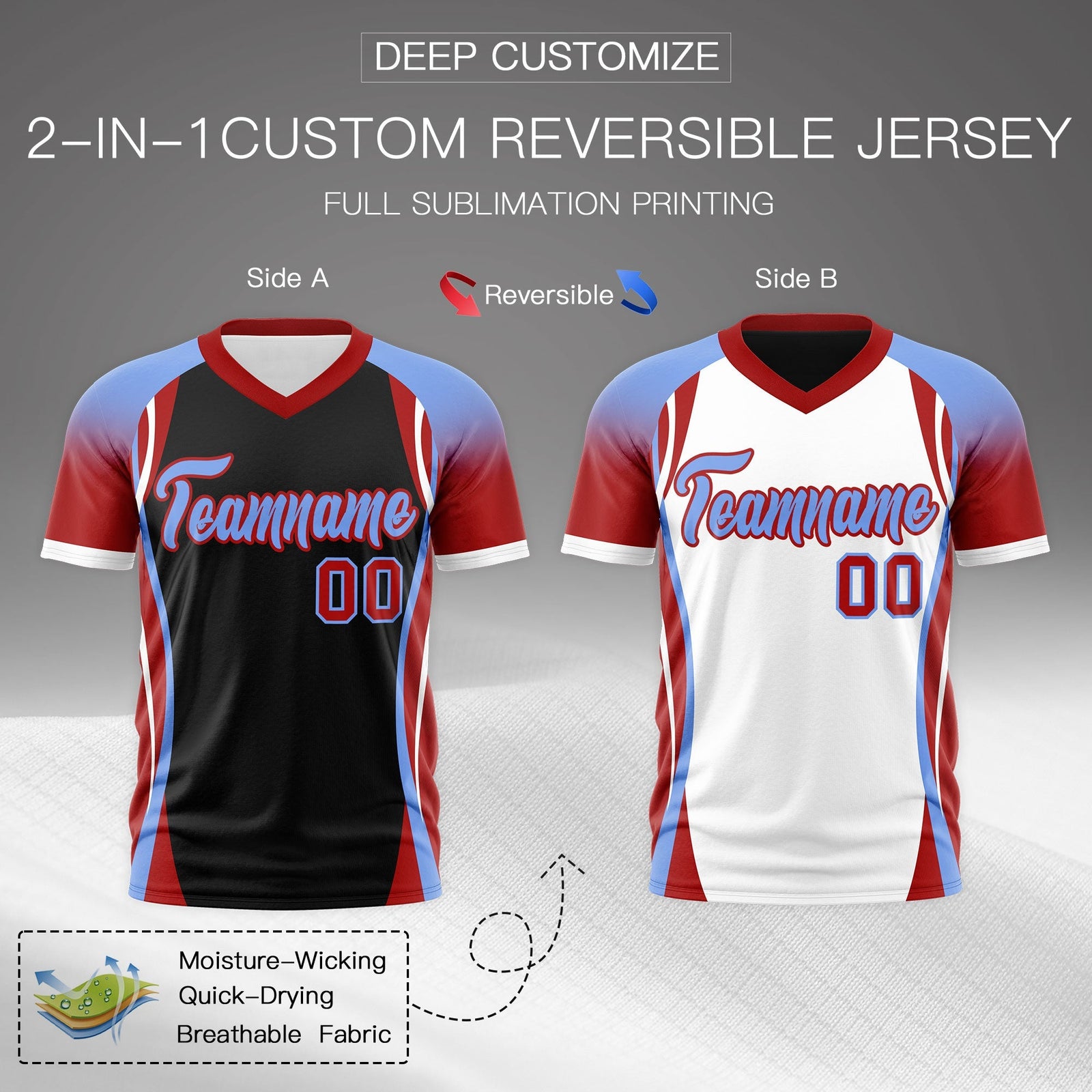 Custom Black Light Blue Red Reversible Breathable T-shirt| KXKSHOP