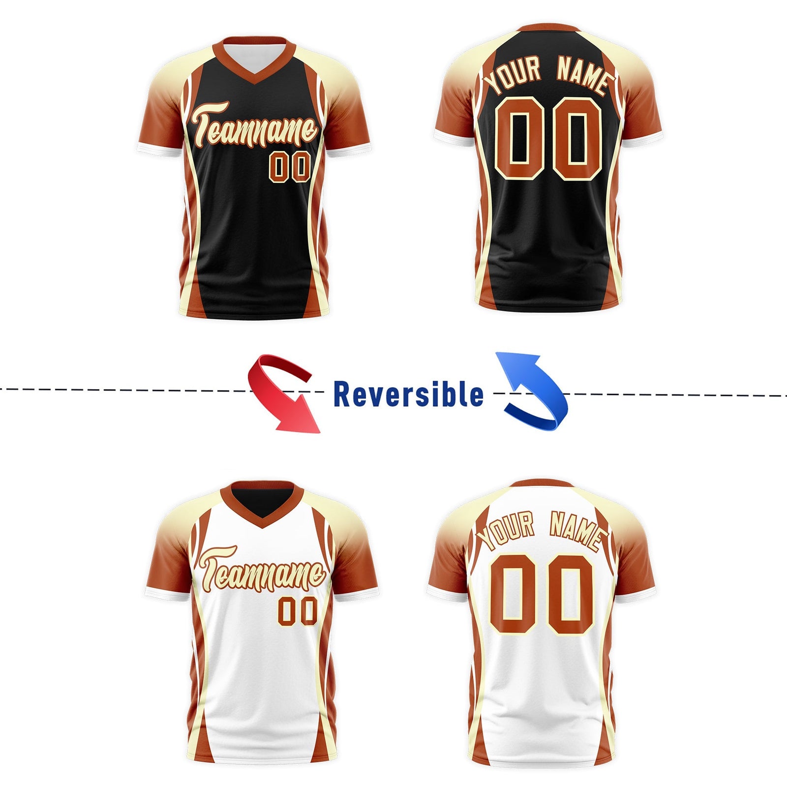 Custom Black Cream Dark Orange Reversible Breathable T-shirt| KXKSHOP
