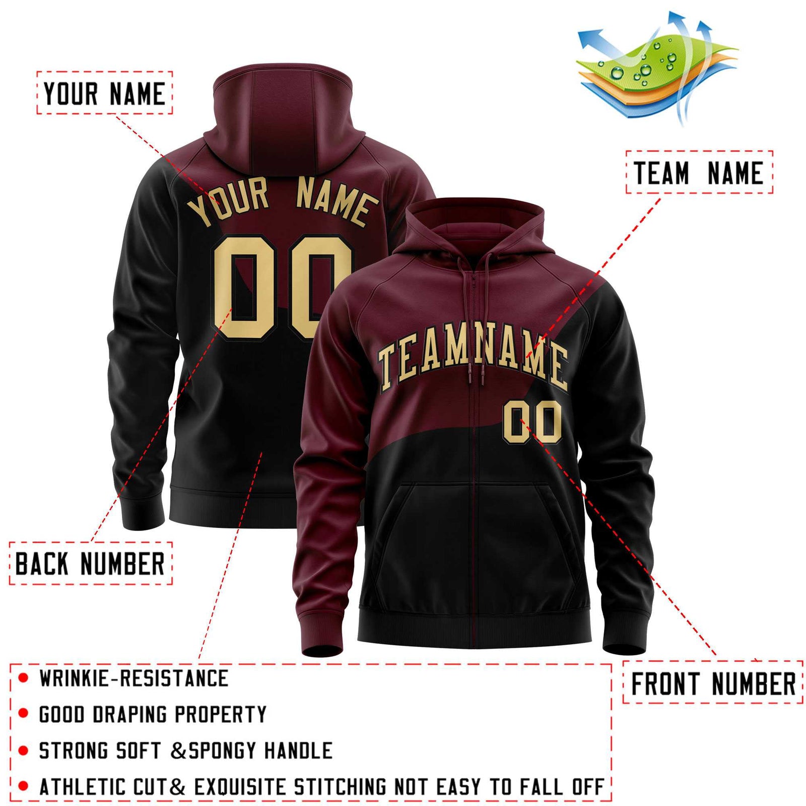 Custom Crimson Black Color Block Varsity Full-Zip Letterman Wave Hoodie Jacket