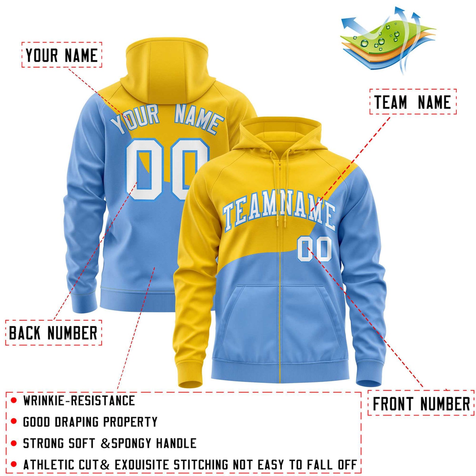 Custom Gold Powder Blue Color Block Varsity Full-Zip Letterman Wave Hoodie Jacket