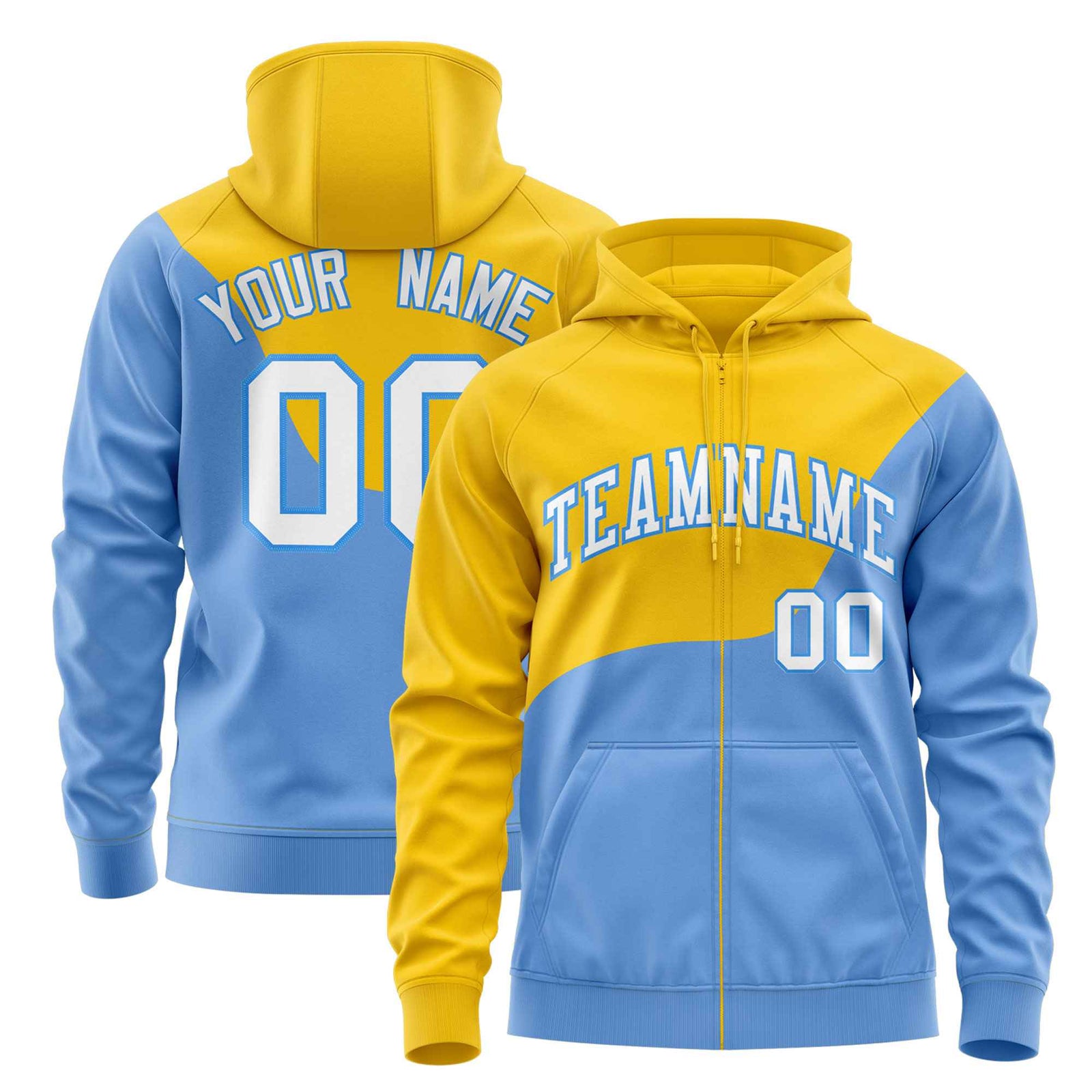 Custom Gold Powder Blue Color Block Varsity Full-Zip Letterman Wave Hoodie Jacket