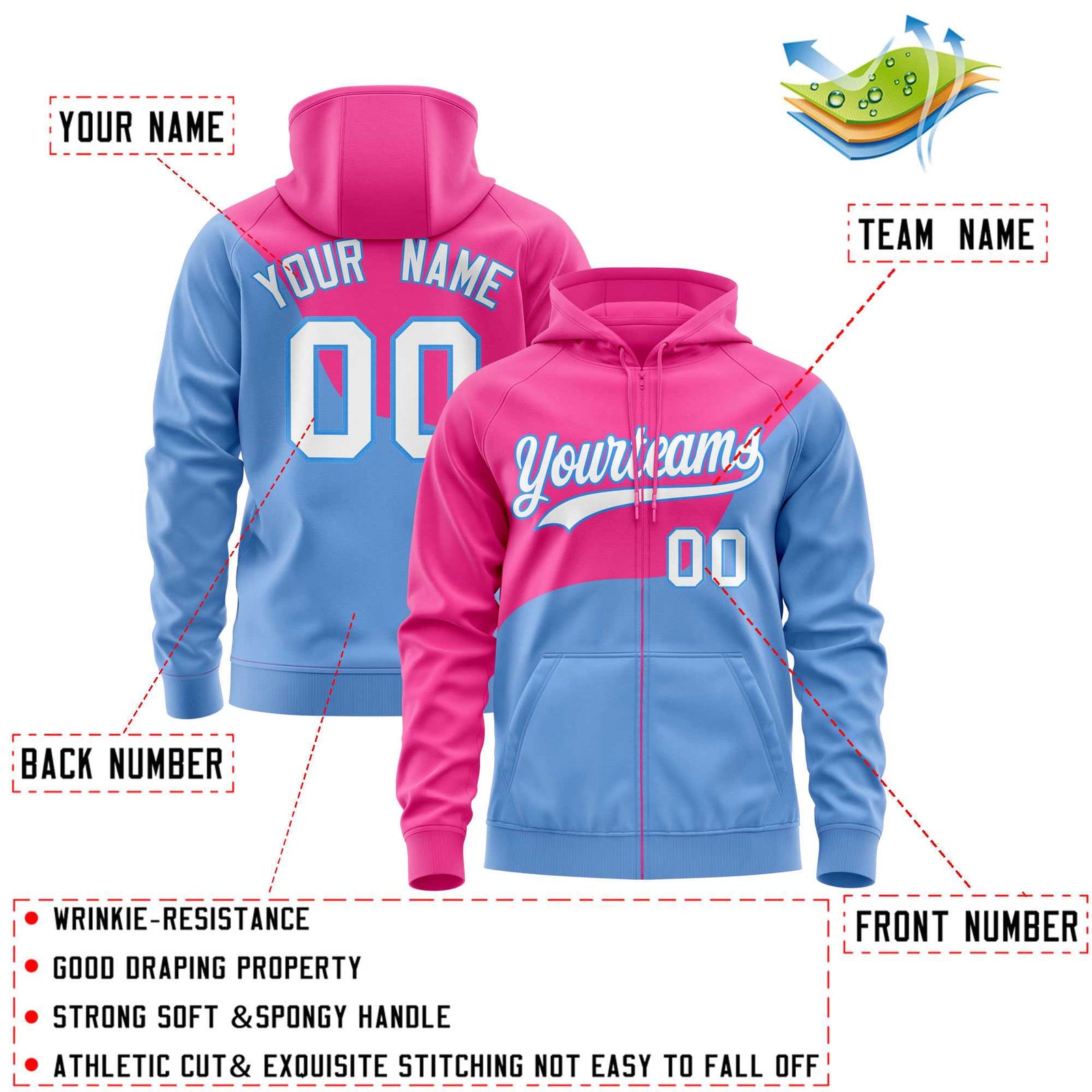Custom Pink Powder Blue Color Block Varsity Full-Zip Letterman Wave Hoodie Jacket