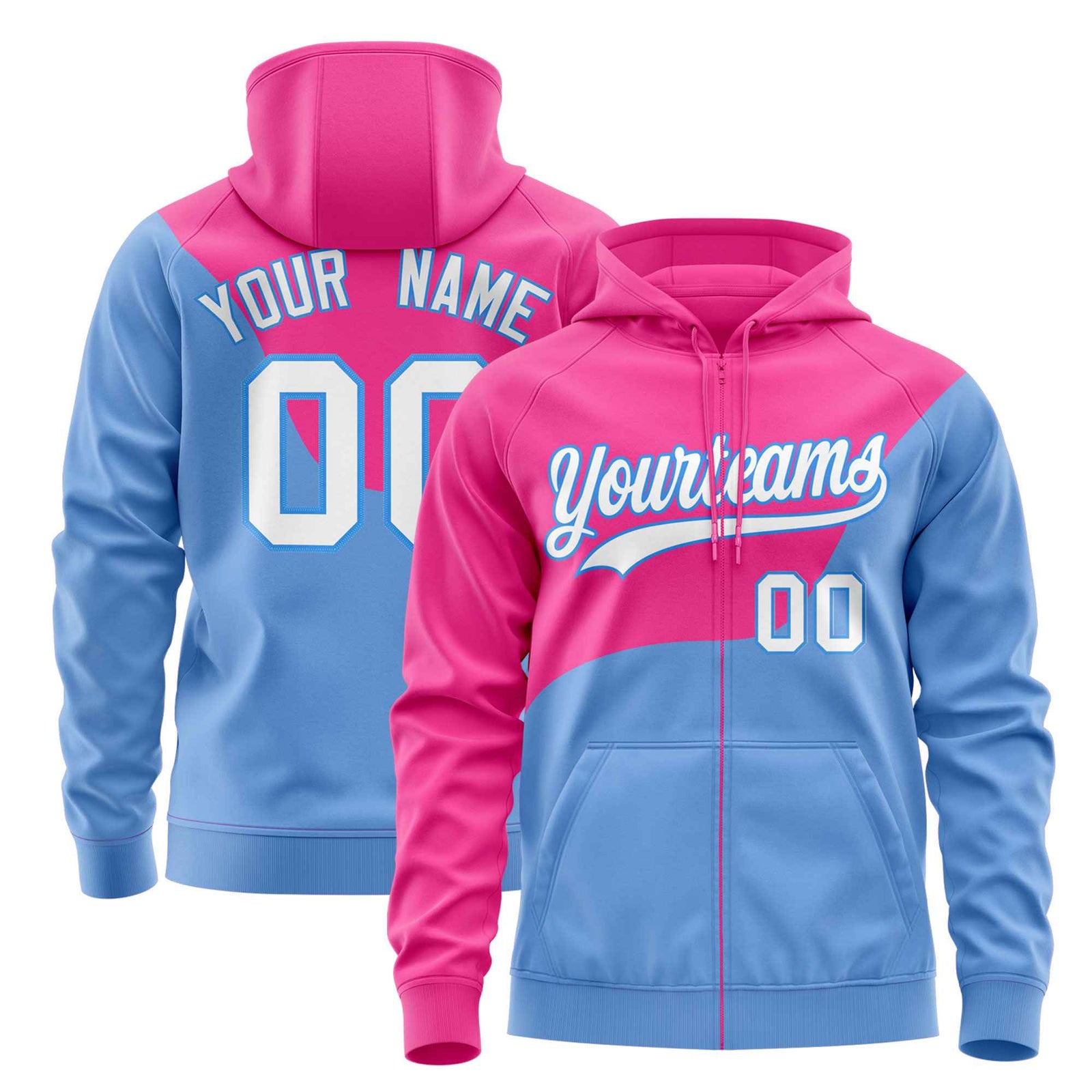 Custom Pink Powder Blue Color Block Varsity Full-Zip Letterman Wave Hoodie Jacket
