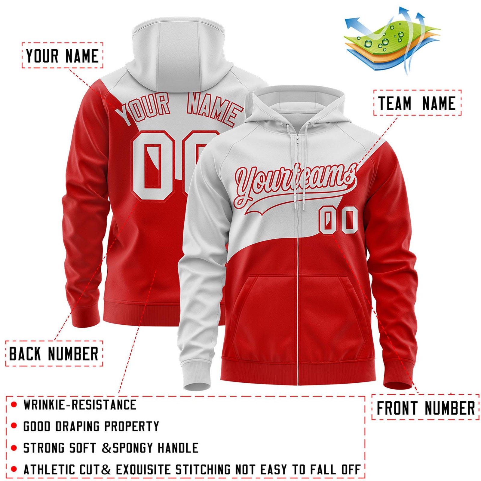 Custom Gray Red Color Block Varsity Full-Zip Letterman Wave Hoodie Jacket