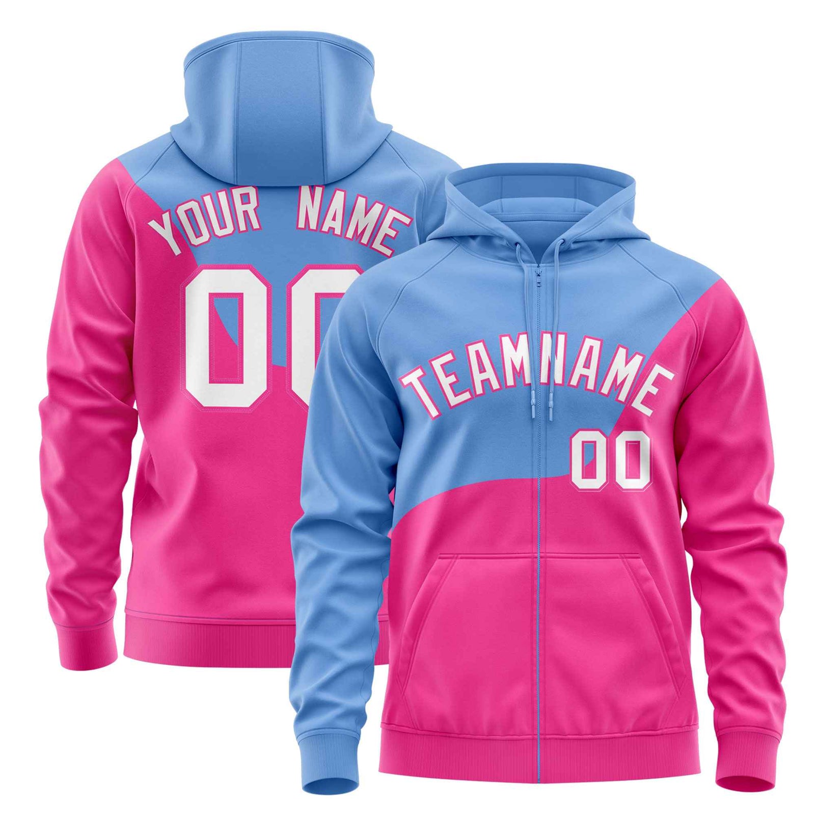 Custom Powder Blue Pink Color Block Varsity Full-Zip Letterman Wave Hoodie Jacket