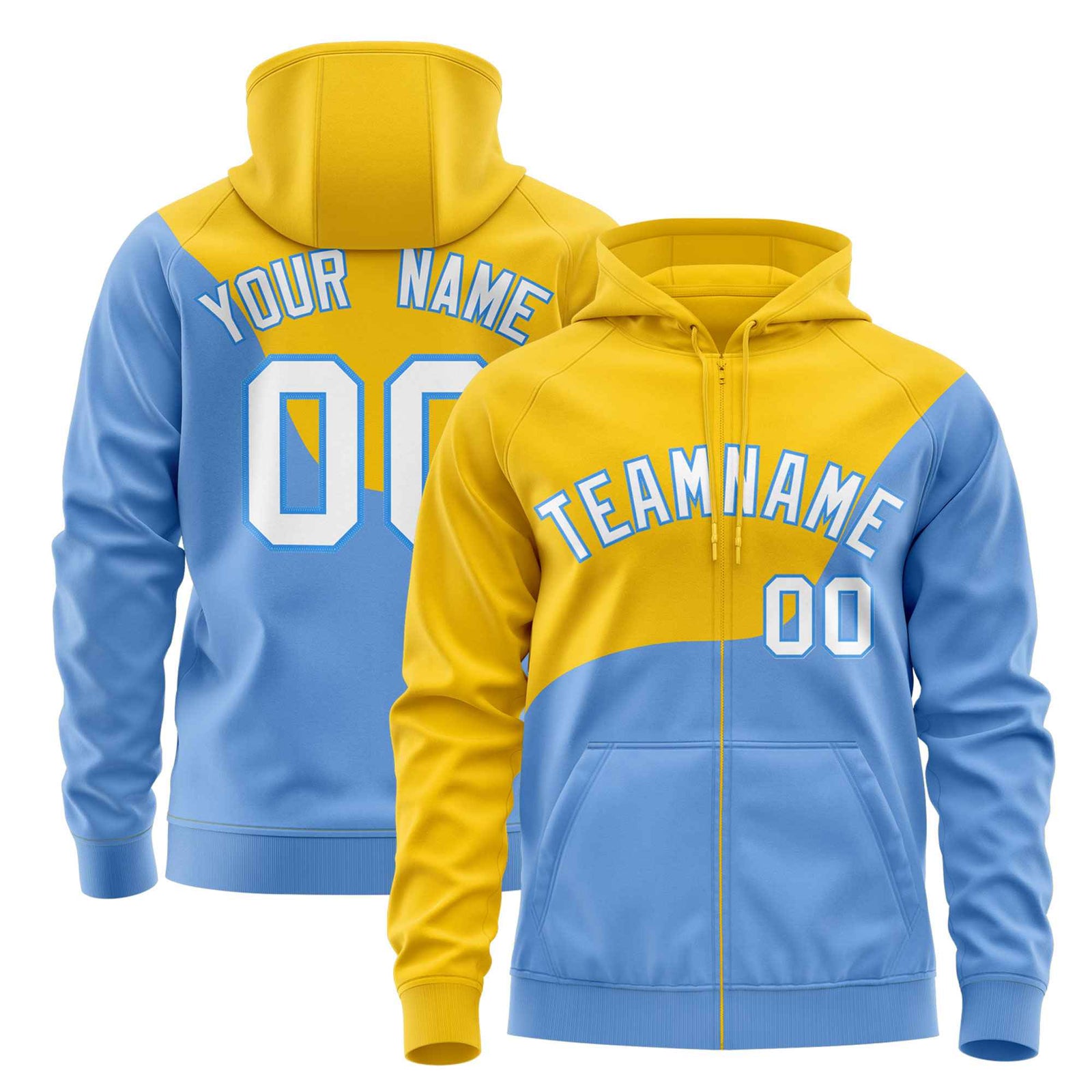 Custom Gold Powder Blue Color Block Varsity Full-Zip Letterman Wave Hoodie Jacket