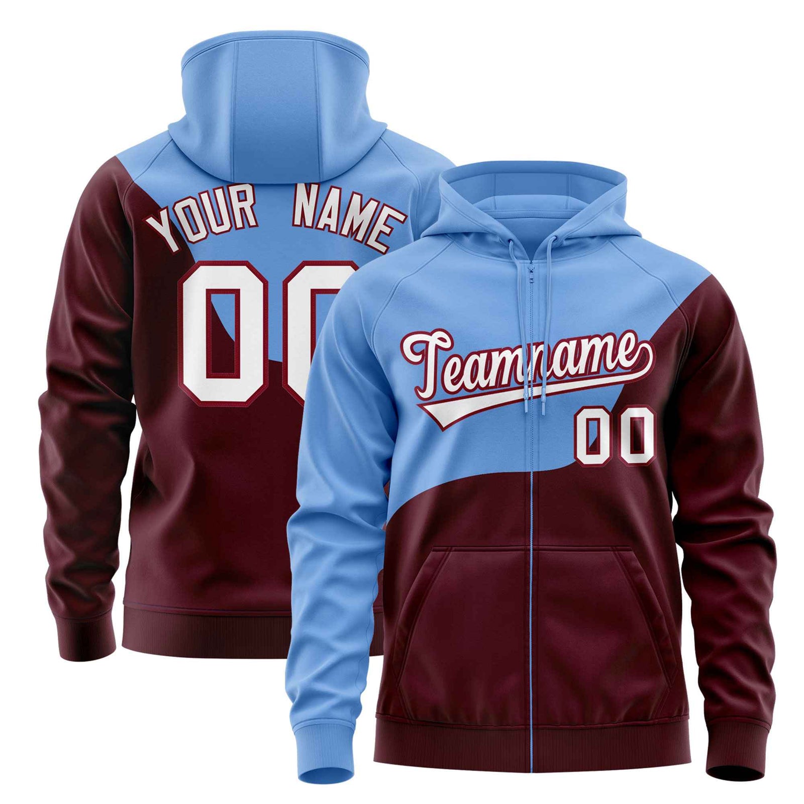 Custom Powder Blue Crimson Color Block Varsity Full-Zip Letterman Wave Hoodie Jacket