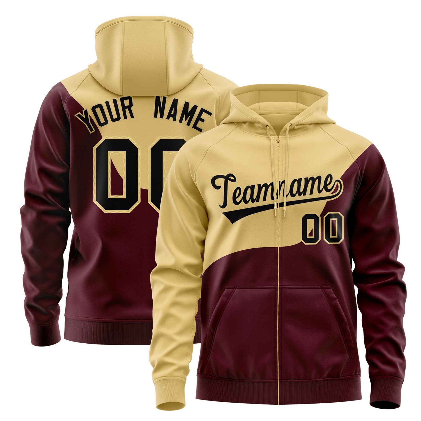 Custom Khaki Crimson Color Block Varsity Full-Zip Letterman Wave Hoodie Jacket