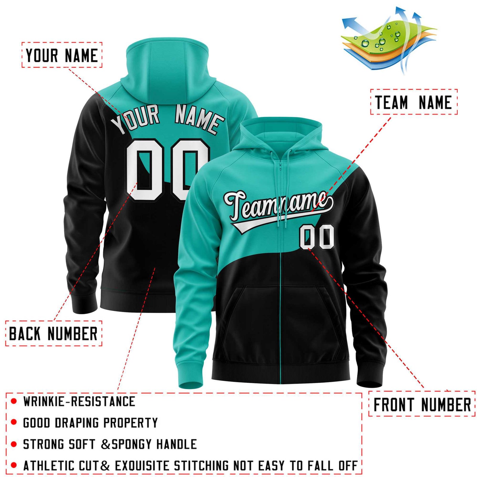 Custom Bright Green Black Color Block Varsity Full-Zip Letterman Wave Hoodie Jacket