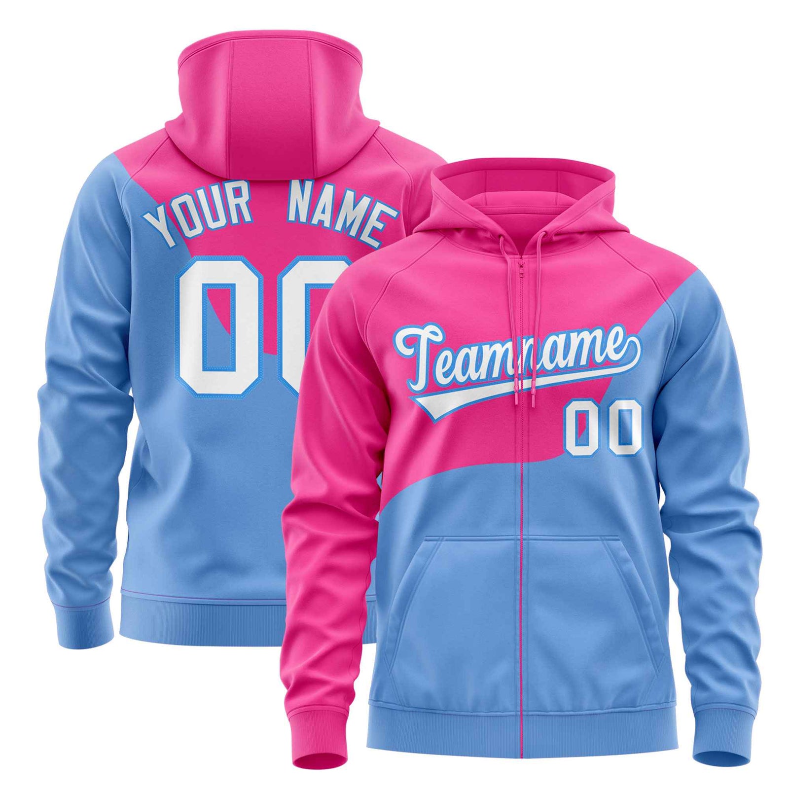 Custom Pink Powder Blue Color Block Varsity Full-Zip Letterman Wave Hoodie Jacket