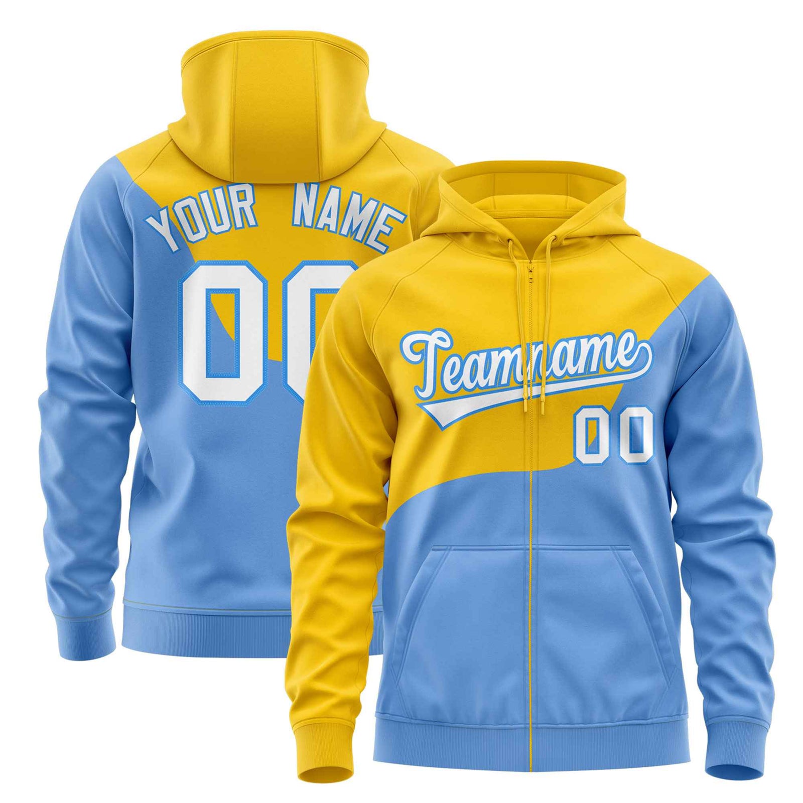 Custom Gold Powder Blue Color Block Varsity Full-Zip Letterman Wave Hoodie Jacket