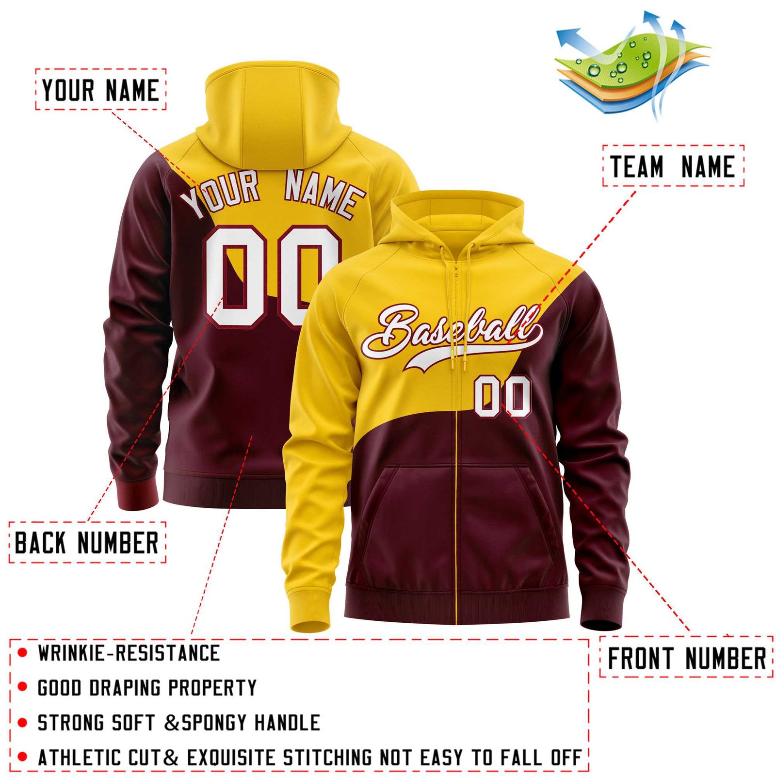 Custom Gold Crimson Color Block Varsity Full-Zip Letterman Wave Hoodie Jacket