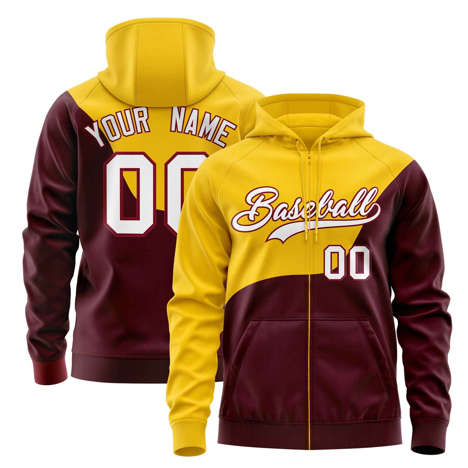 Custom Gold Crimson Color Block Varsity Full-Zip Letterman Wave Hoodie Jacket
