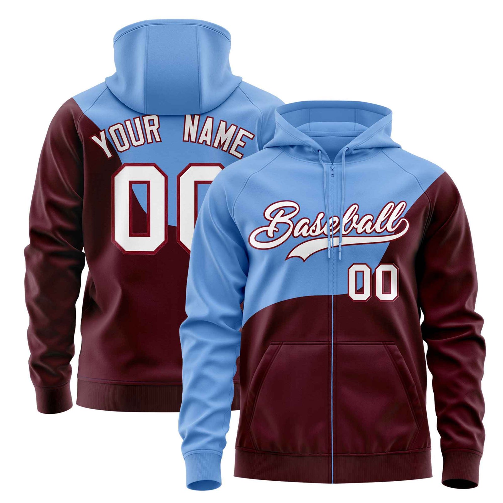 Custom Powder Blue Crimson Color Block Varsity Full-Zip Letterman Wave Hoodie Jacket