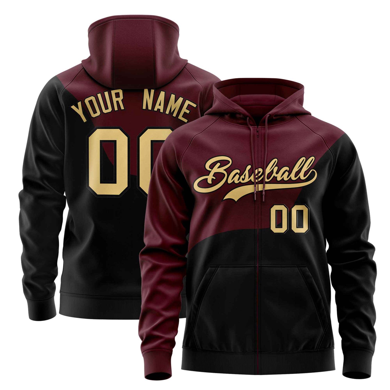 Custom Crimson Black Color Block Varsity Full-Zip Letterman Wave Hoodie Jacket