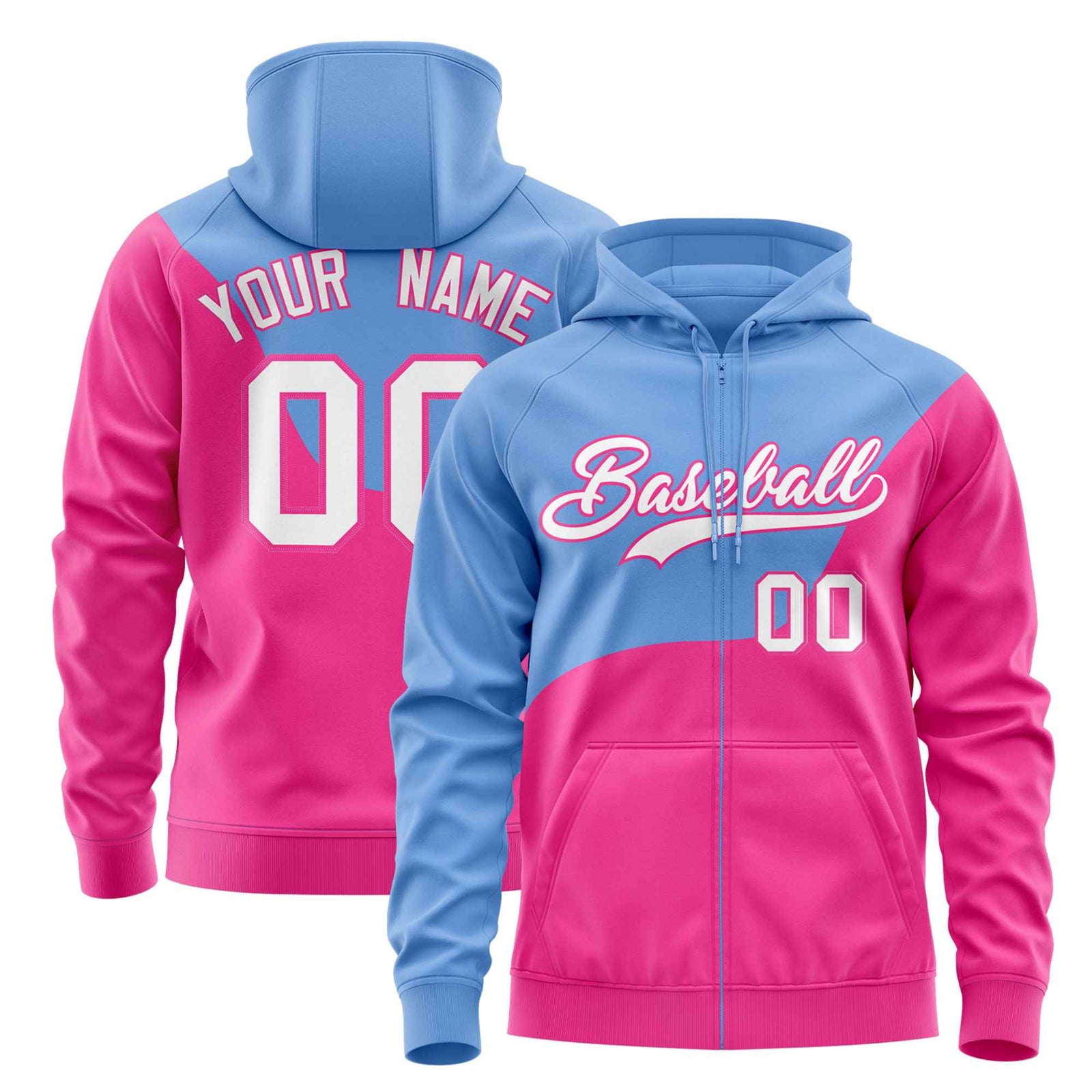 Custom Powder Blue Pink Color Block Varsity Full-Zip Letterman Wave Hoodie Jacket