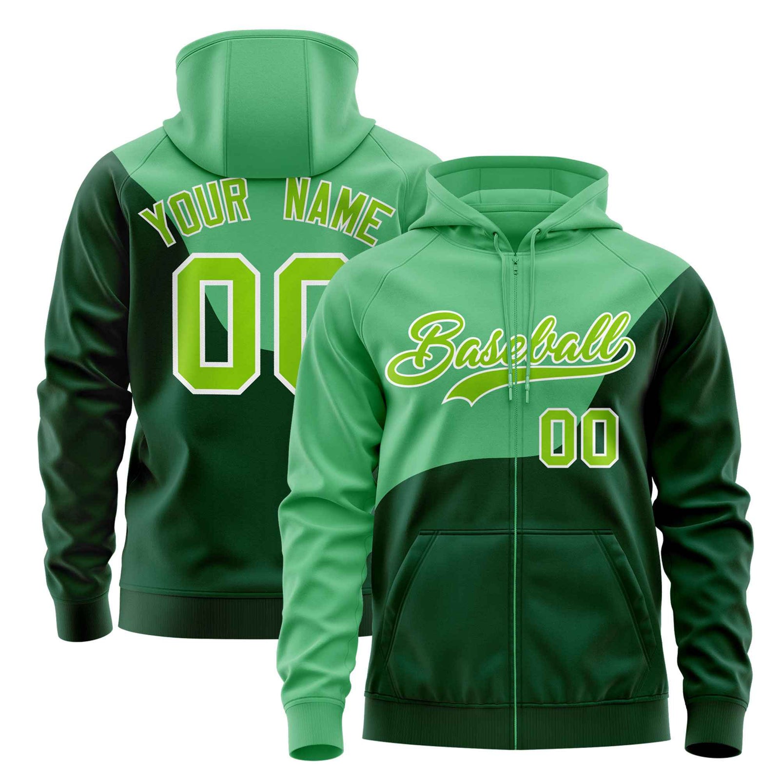 Custom Green Kelly Green Color Block Varsity Full-Zip Letterman Wave Hoodie Jacket