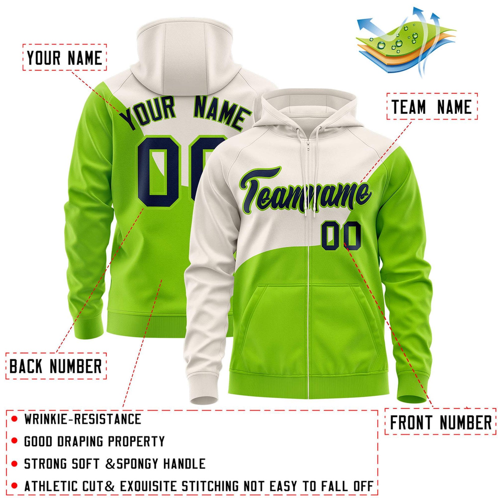 Custom Cream Neon Green Color Block Varsity Full-Zip Letterman Wave Hoodie Jacket