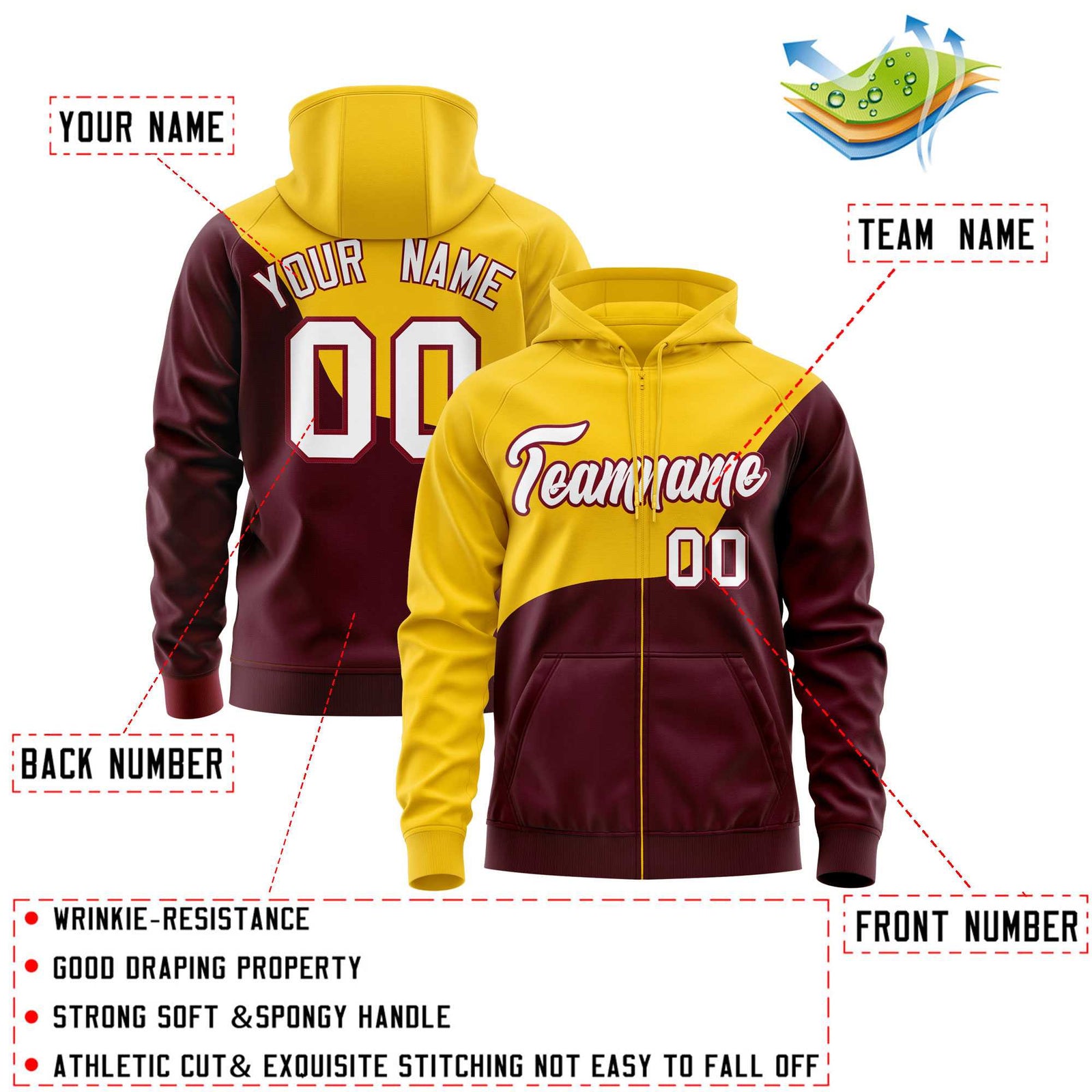 Custom Gold Crimson Color Block Varsity Full-Zip Letterman Wave Hoodie Jacket
