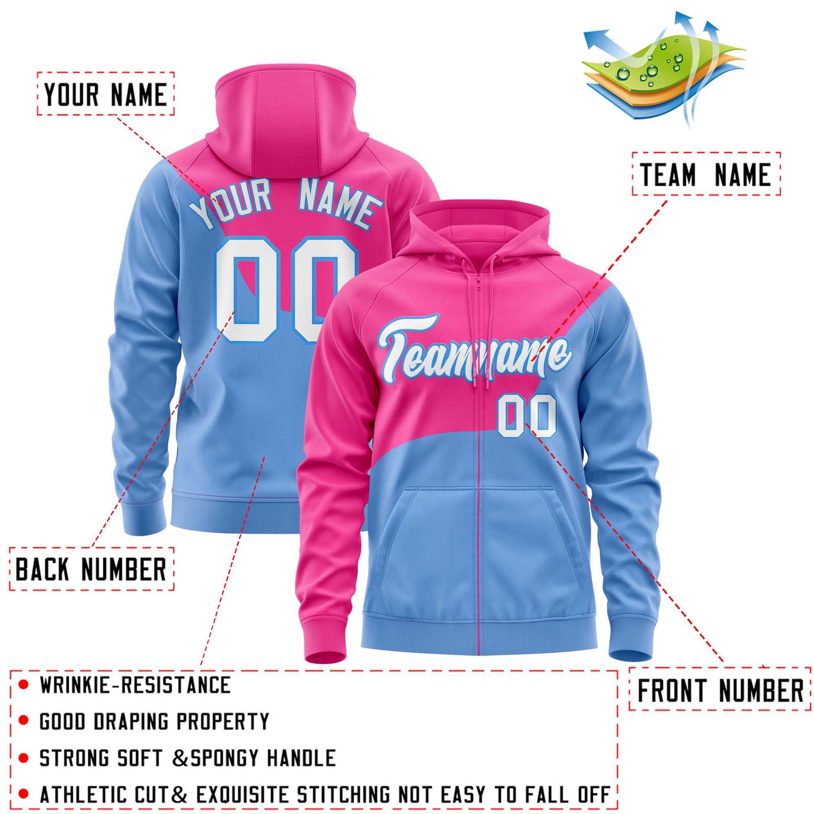 Custom Pink Powder Blue Color Block Varsity Full-Zip Letterman Wave Hoodie Jacket