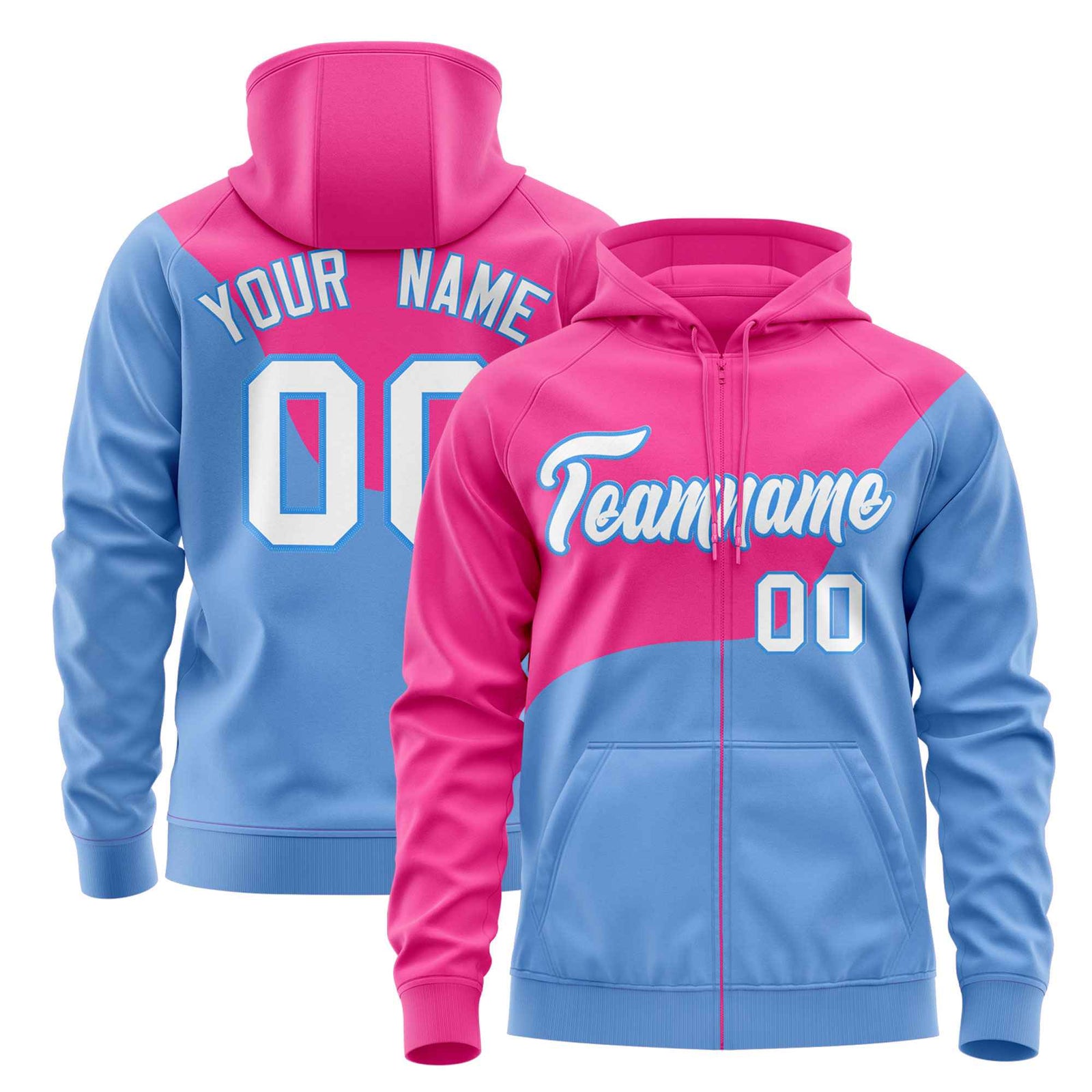 Custom Pink Powder Blue Color Block Varsity Full-Zip Letterman Wave Hoodie Jacket