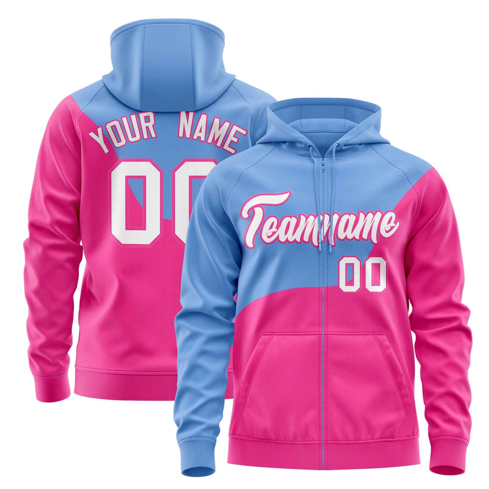 Custom Powder Blue Pink Color Block Varsity Full-Zip Letterman Wave Hoodie Jacket