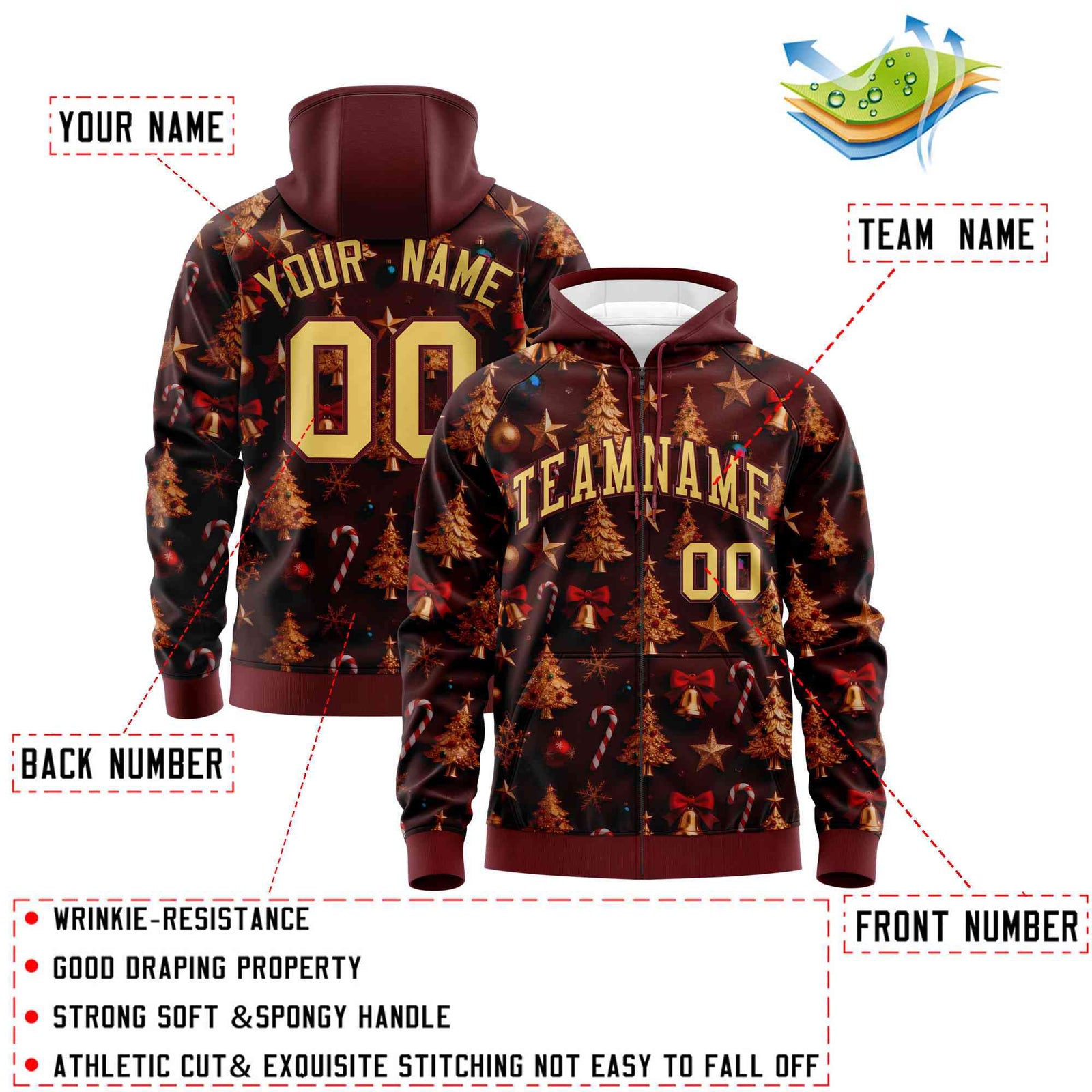 Custom Burgundy Khaki Christmas Graffiti Pattern Athletic Full-Zip Hoodie