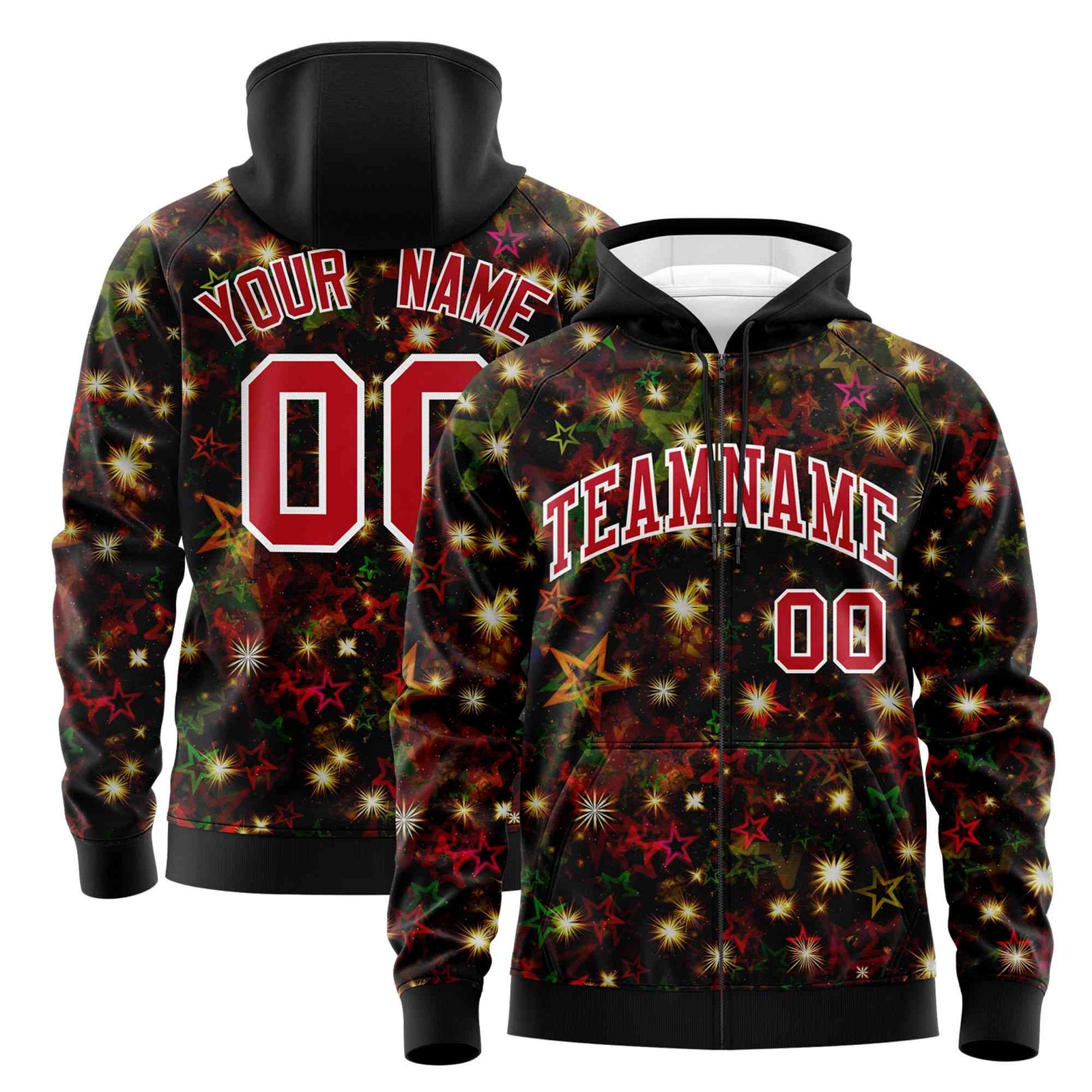 Custom Black Red Christmas Graffiti Pattern Athletic Full-Zip Hoodie