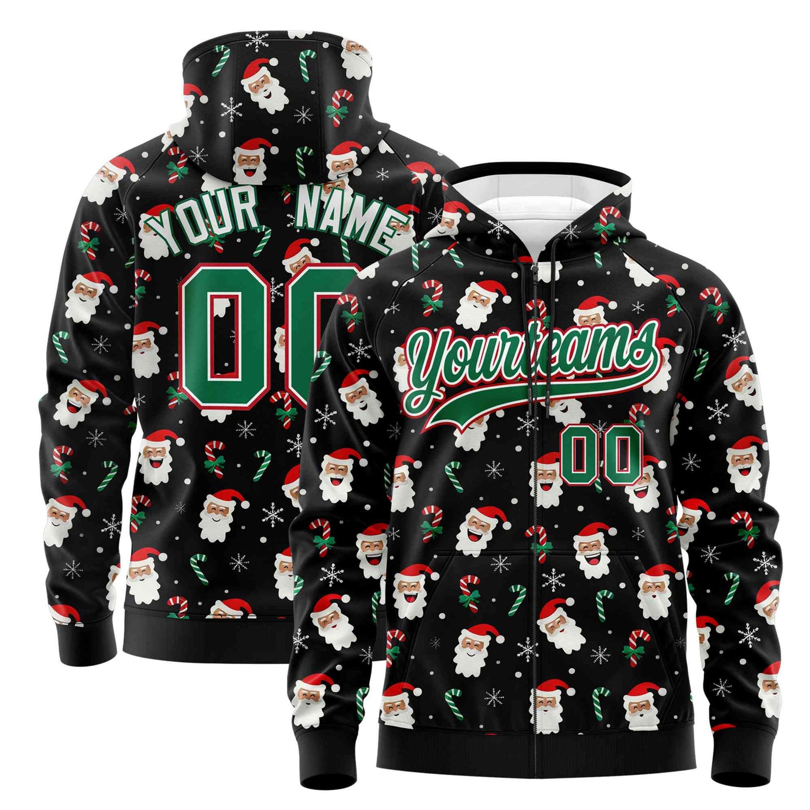 Custom Black Kelly Green Christmas Graffiti Pattern Athletic Full-Zip Hoodie