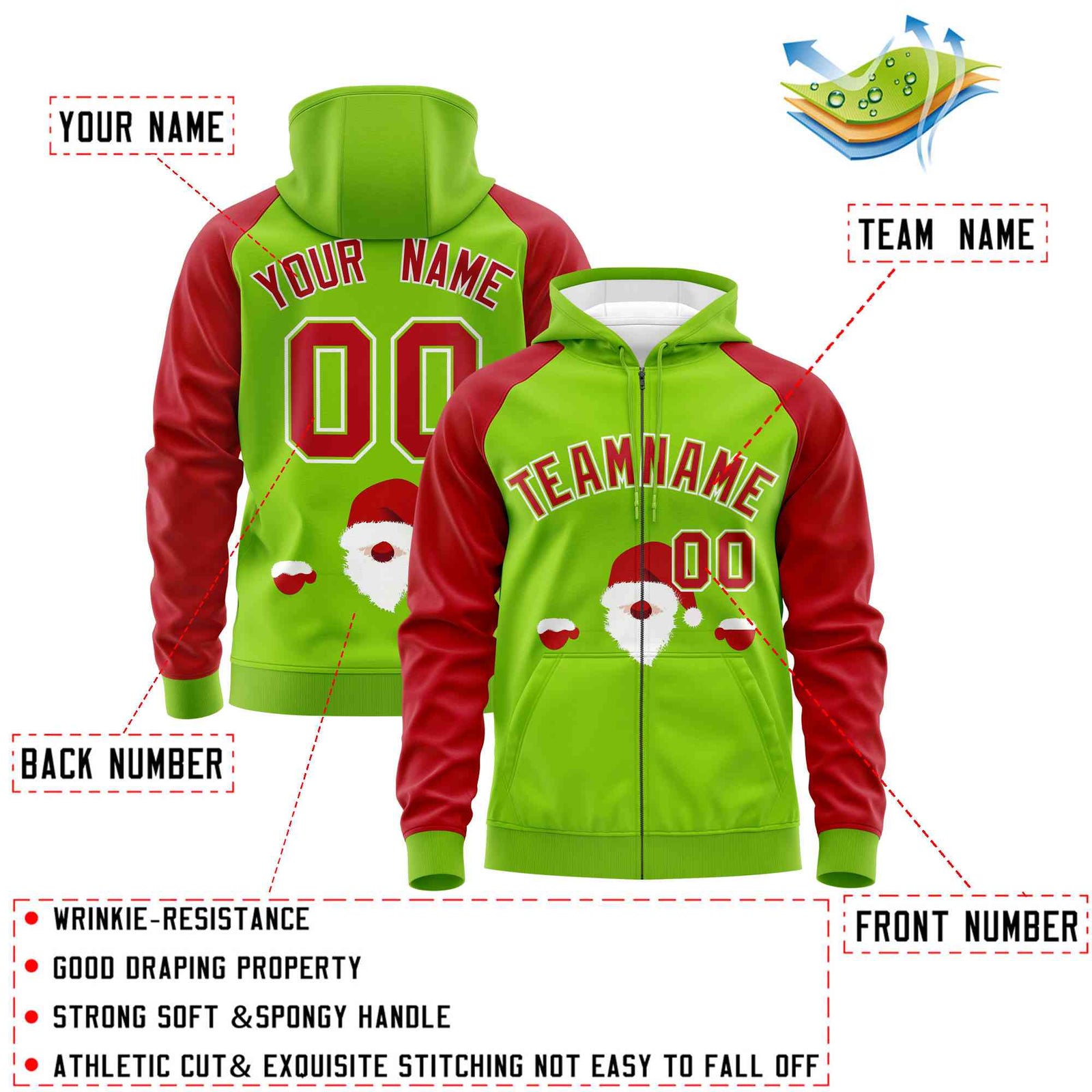 Custom Neon Green Red Christmas Graffiti Pattern Athletic Full-Zip Hoodie