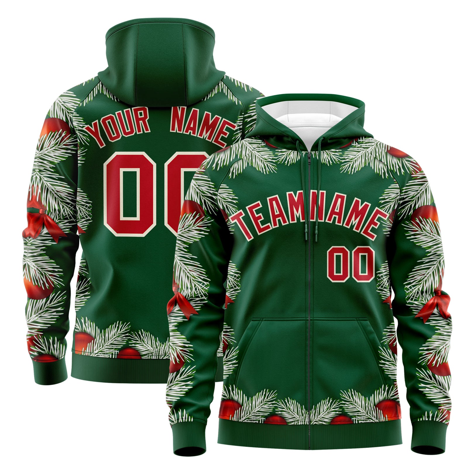 Custom Kelly Green Red Christmas Graffiti Pattern Athletic Full-Zip Hoodie