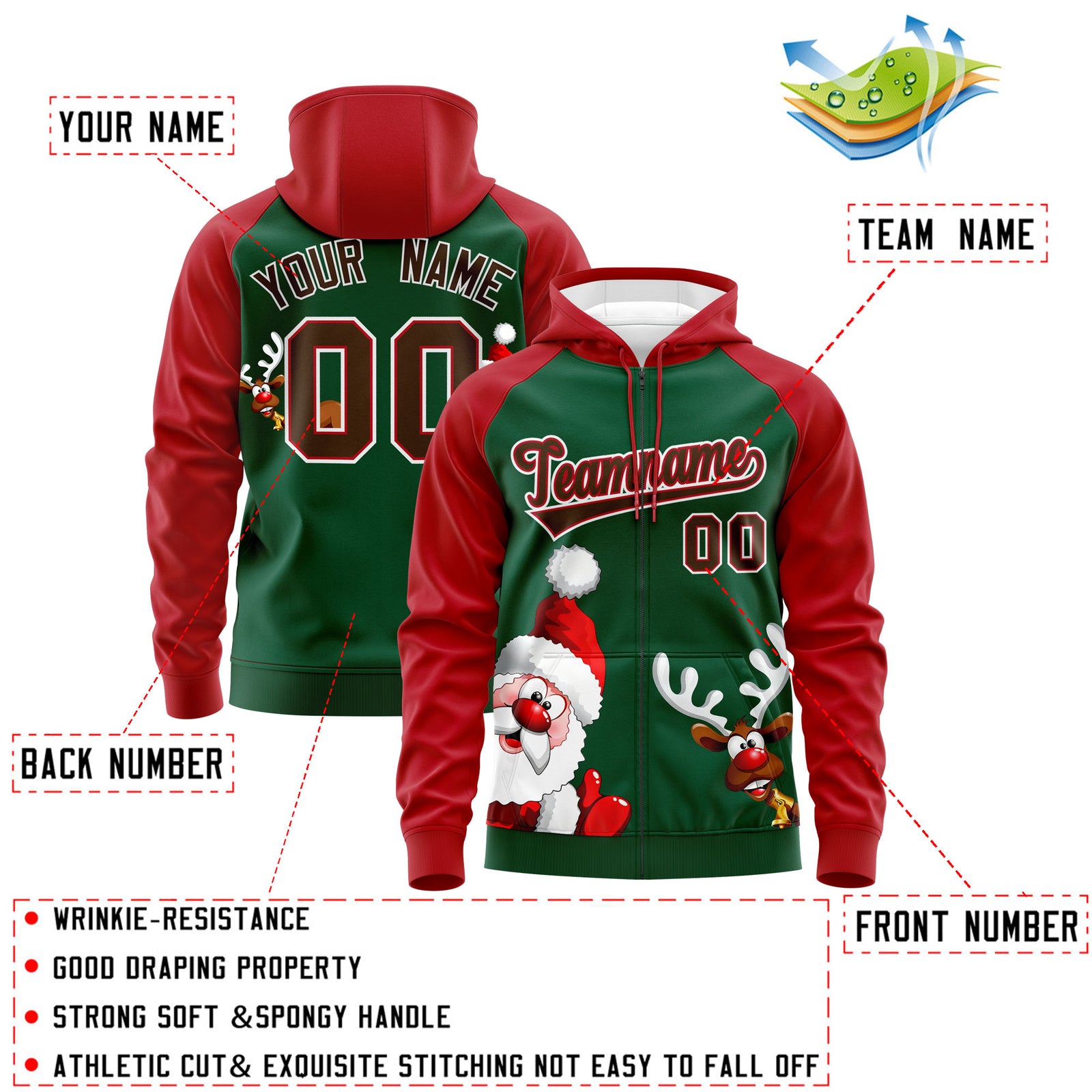 Custom Kelly Green Red Christmas Graffiti Pattern Athletic Full-Zip Hoodie| KXKSHOP