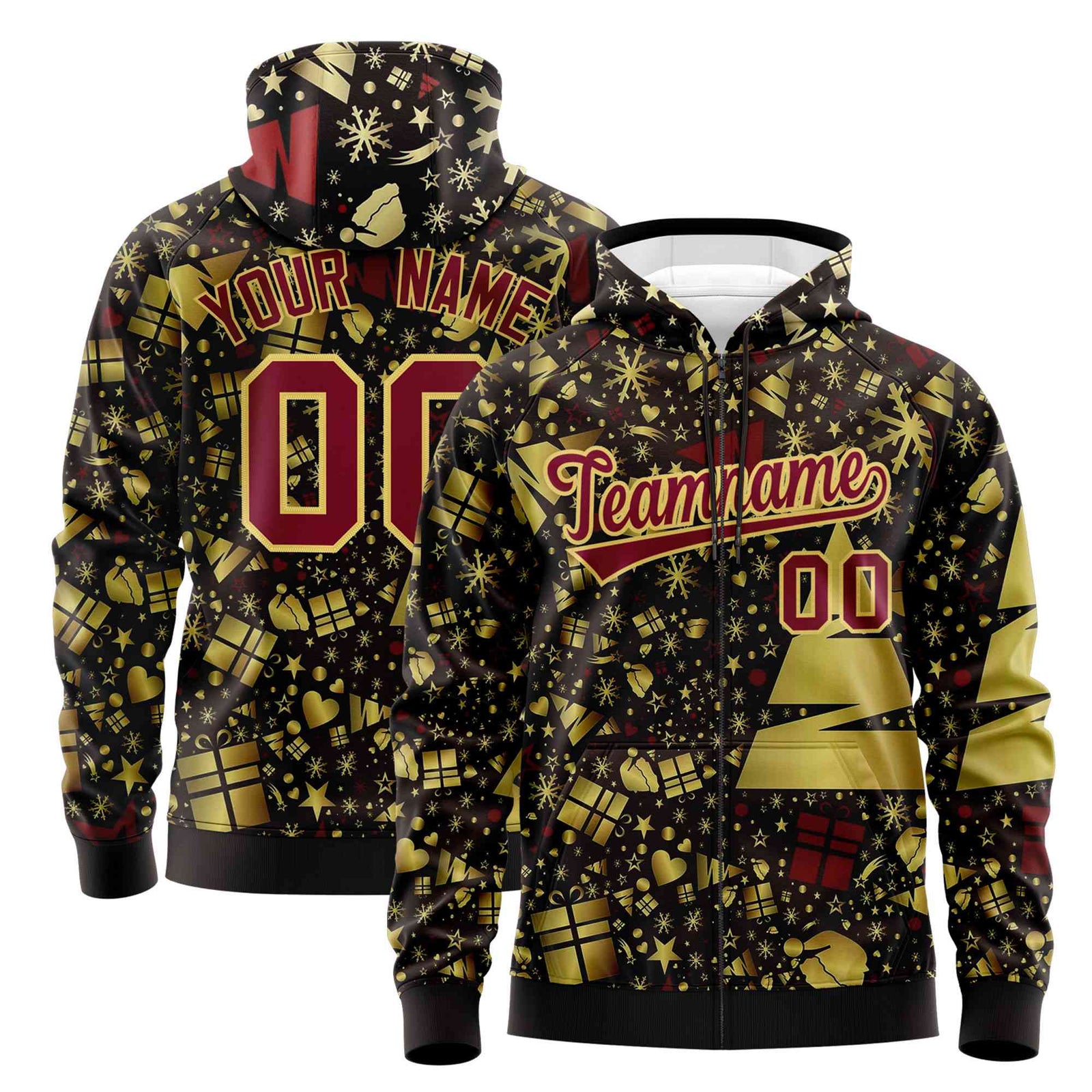 Custom Brown Crimson Christmas Graffiti Pattern Athletic Full-Zip Hoodie| KXKSHOP