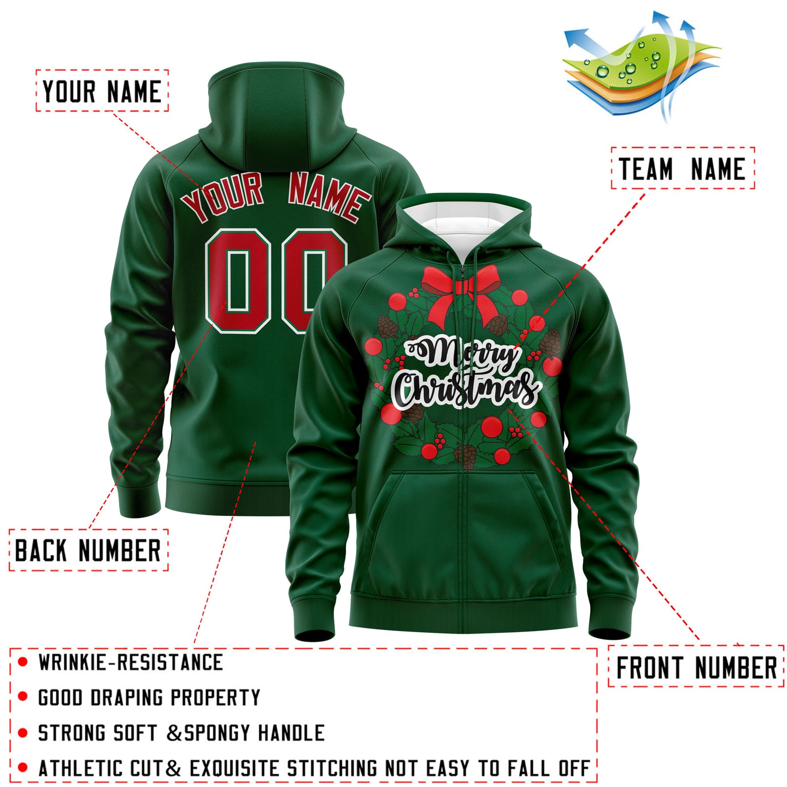 Custom Kelly Green Red Christmas Graffiti Pattern Athletic Full-Zip Hoodie| KXKSHOP