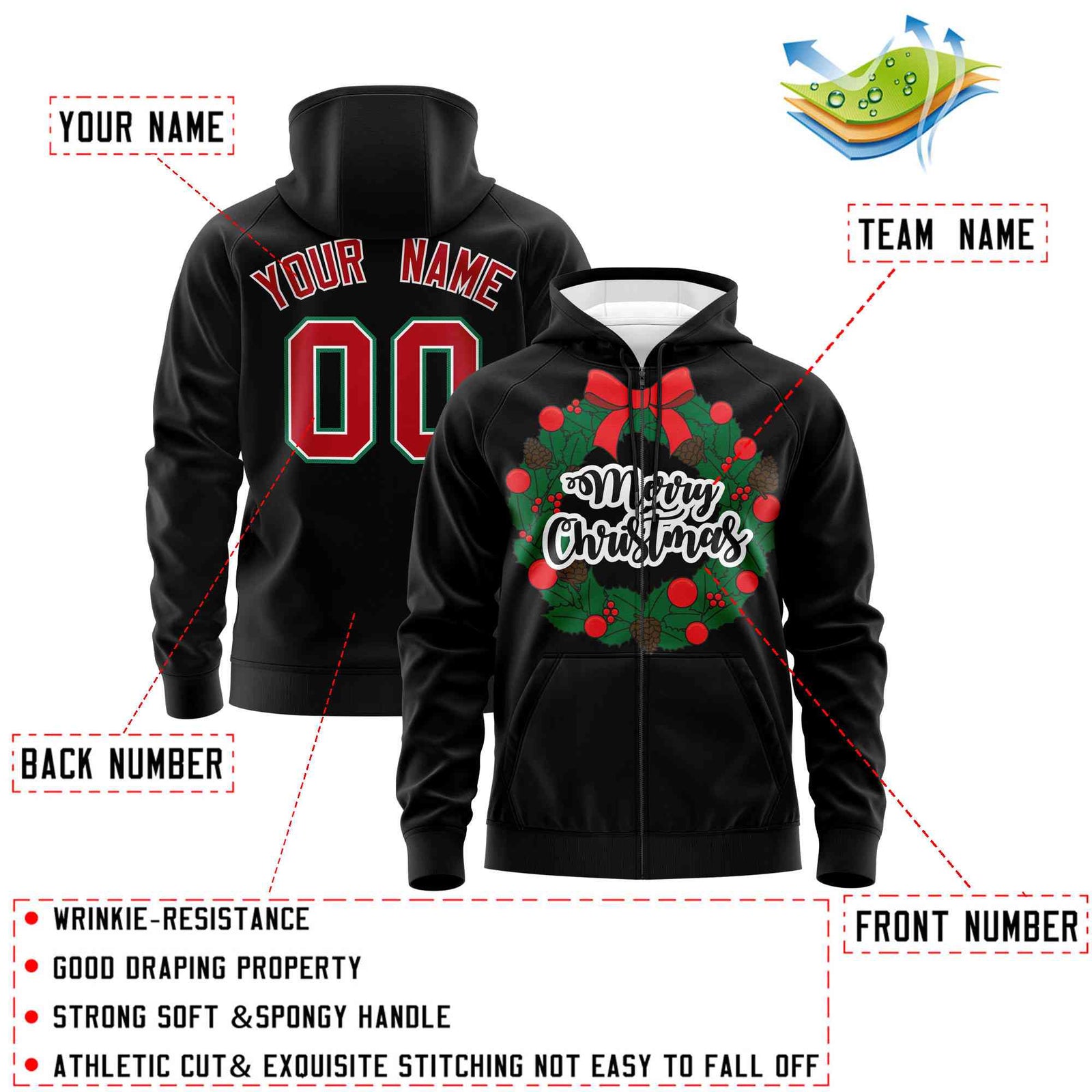 Custom Black Red Christmas Graffiti Pattern Athletic Full-Zip Hoodie| KXKSHOP