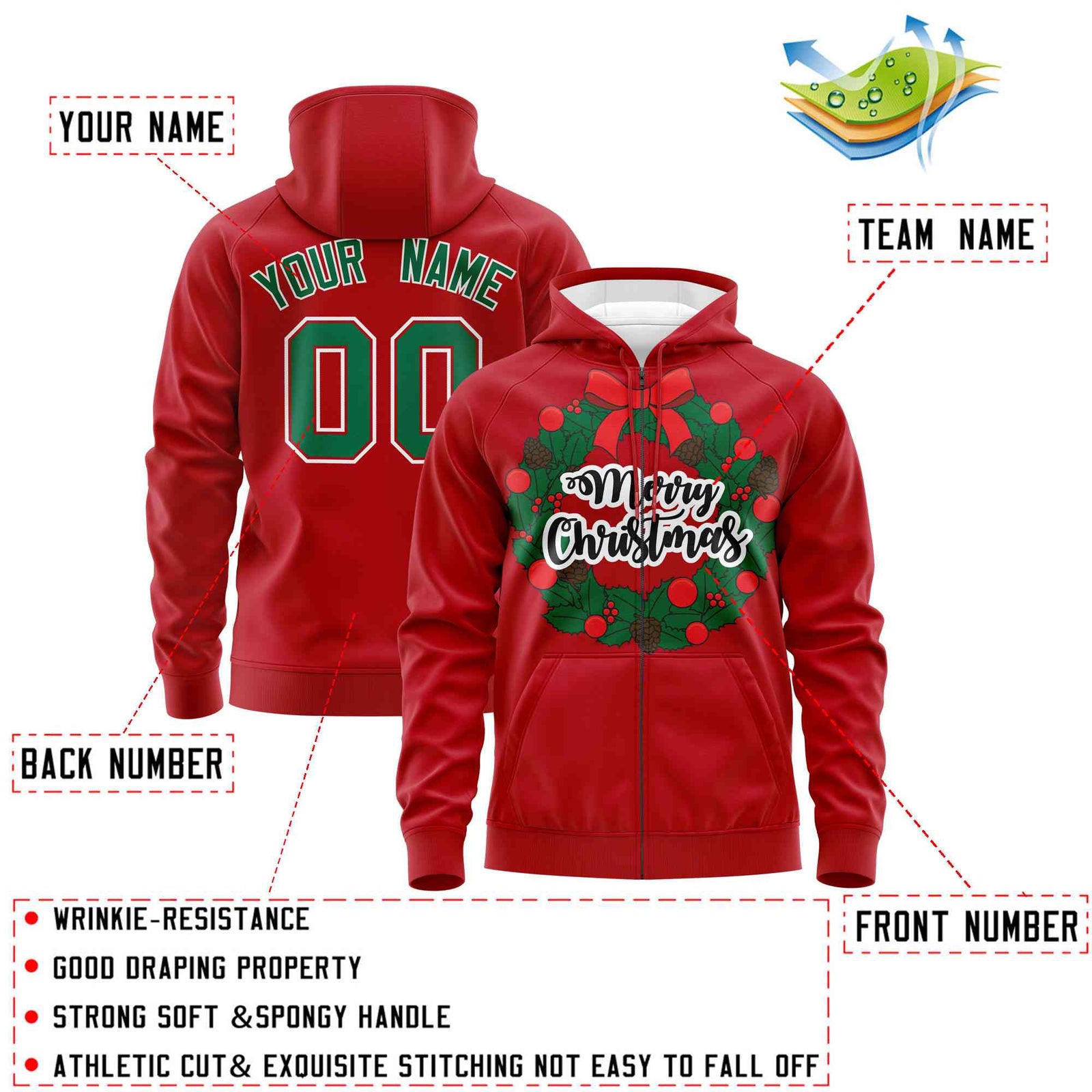 Custom Red Kelly Green Christmas Graffiti Pattern Athletic Full-Zip Hoodie| KXKSHOP